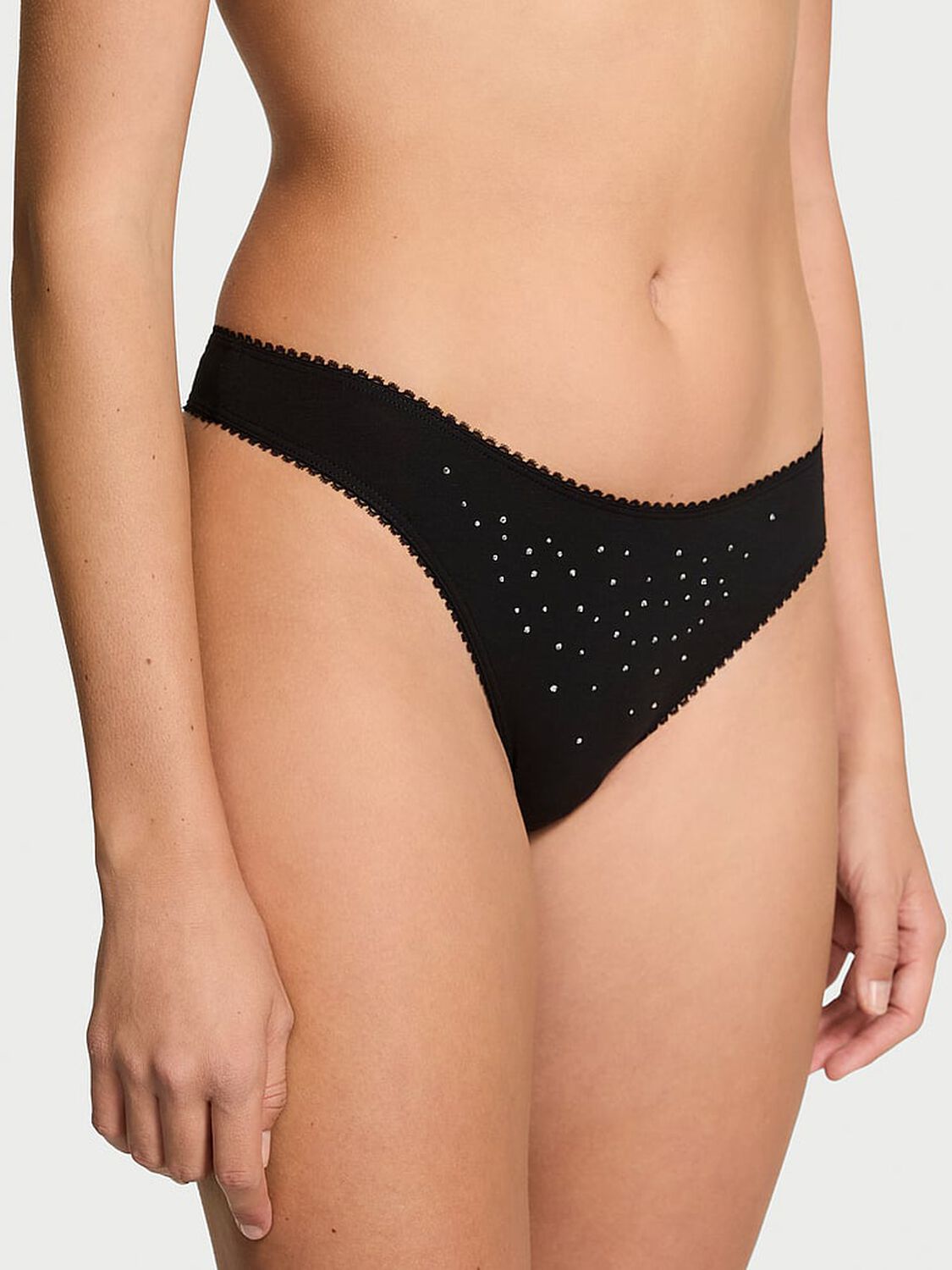 vs Victoria's Secret Stretch Cotton Sparkle High-Leg Scoop Thong Panty Black 1 of 3 