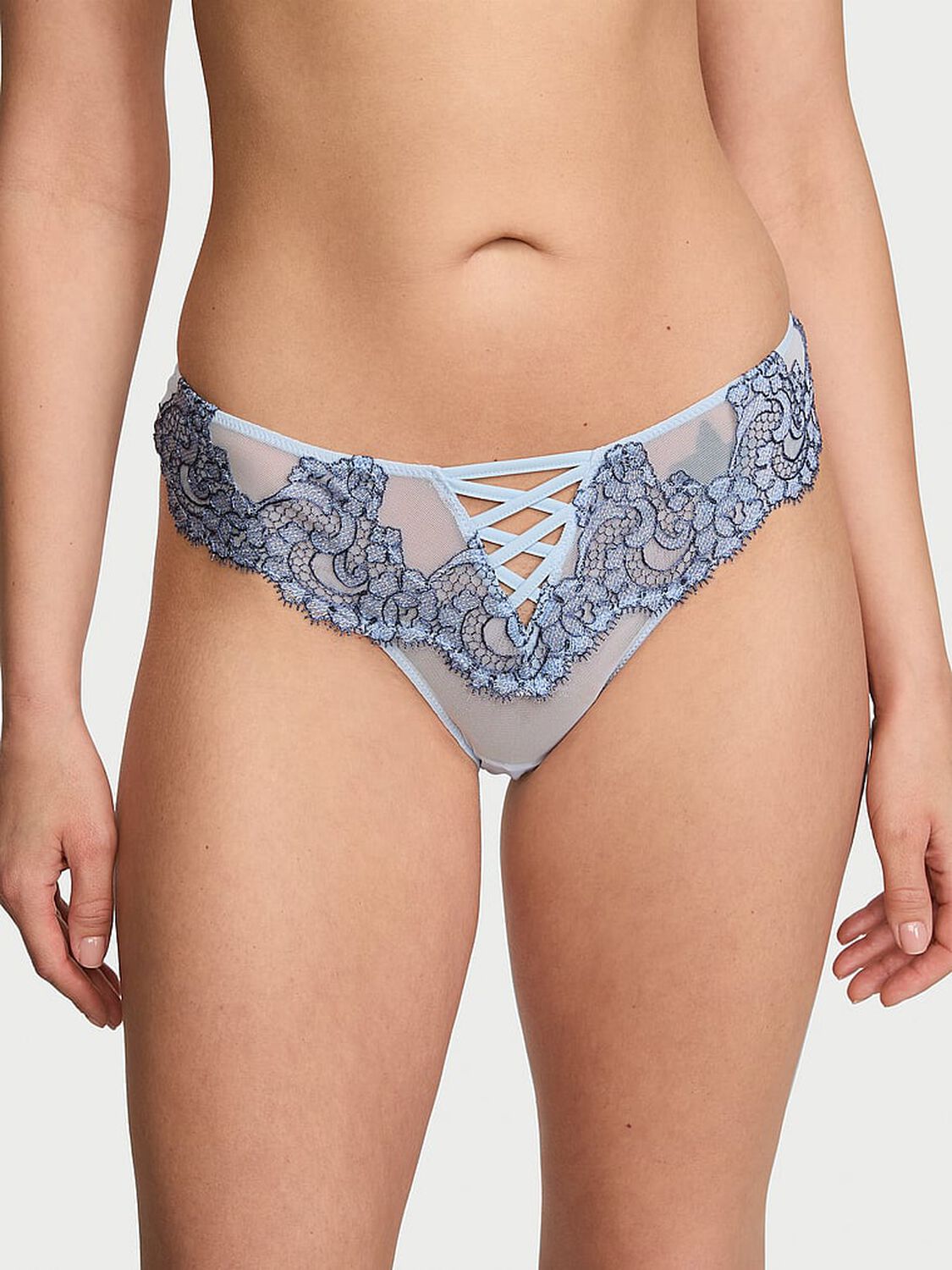 vs Dream Angels Boho Floral Embroidery Brazilian Panty Faded Denim 1 of 4 
