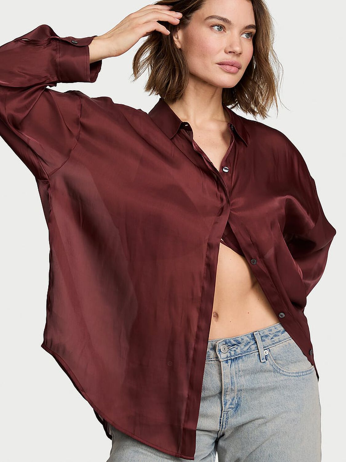 vs Victoria's Secret Luxe Sheer Satin Button-Front Shirt Cherrywood 1 of 4 