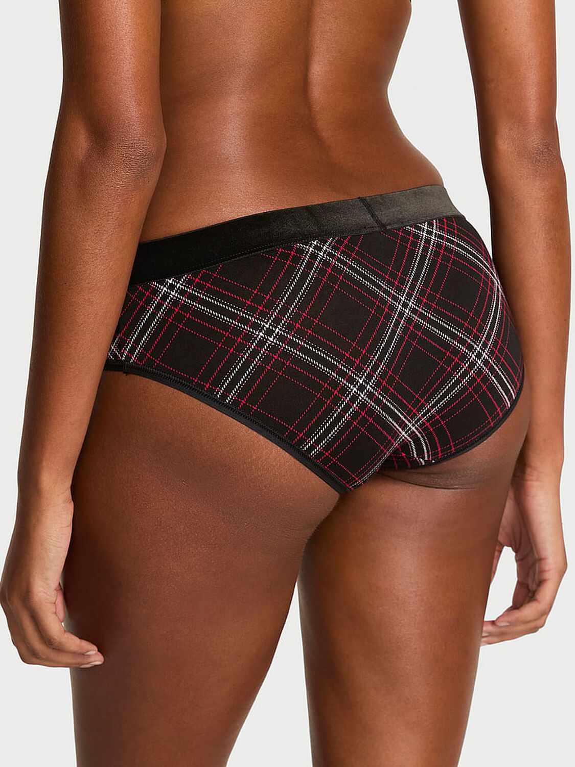 vs Cotton Logo Cotton Shine Patch Velvet Hiphugger Panty Black Plaid 1 of 2 