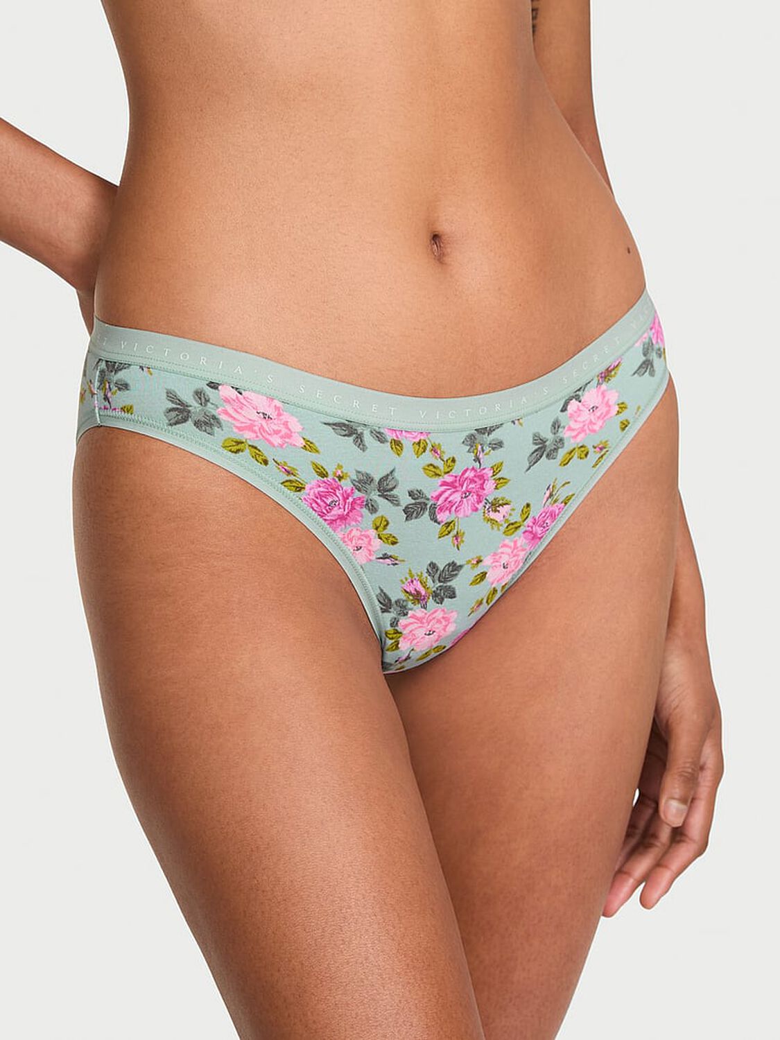 vs Victoria's Secret Stretch Cotton Bikini Panty Green Stone Roses 3 of 3 
