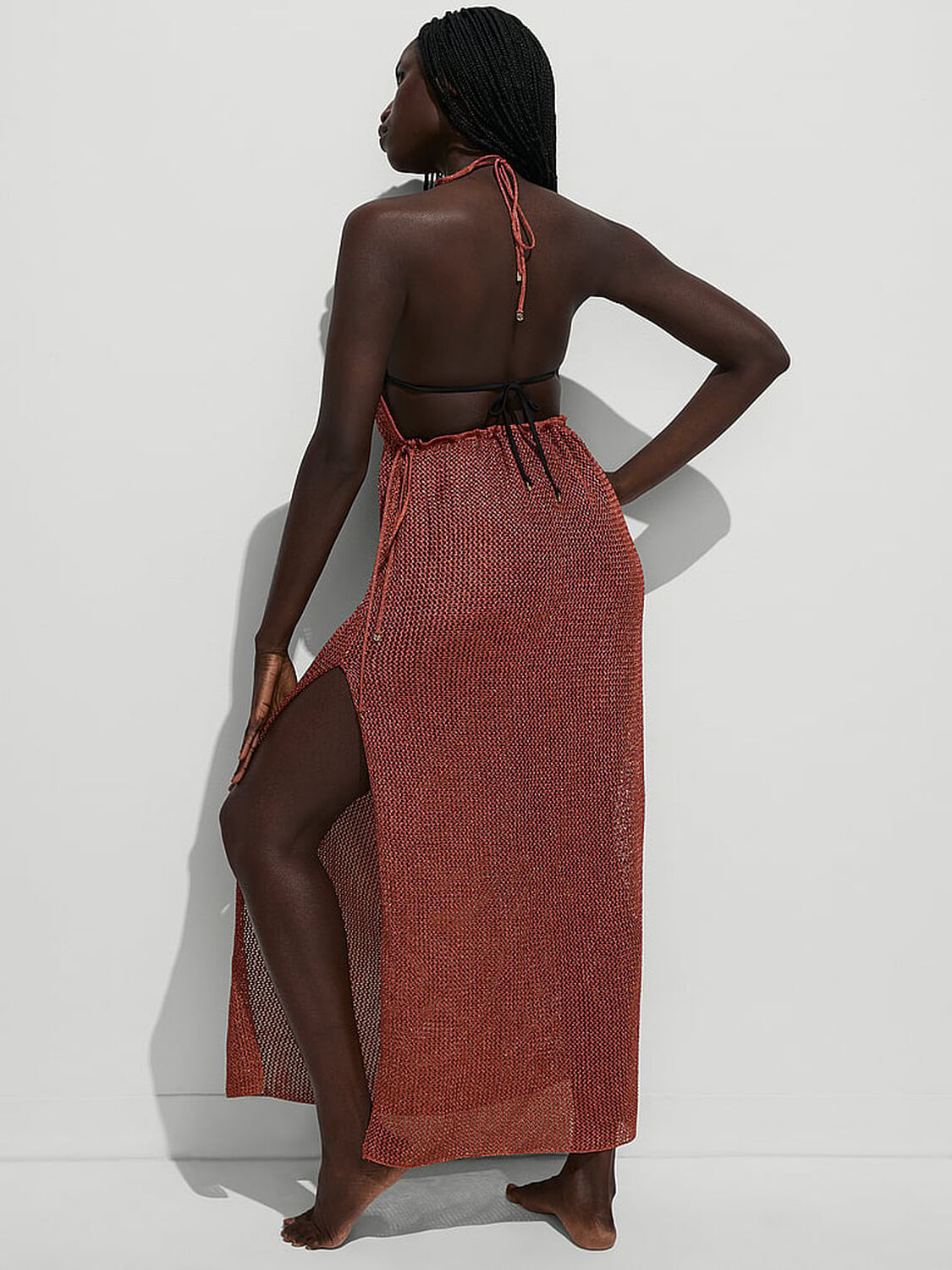 vs Victoria's Secret Swim Beachwear Crochet Metallic Plunge Dress Burnt Orange Leaves 2 of 3 