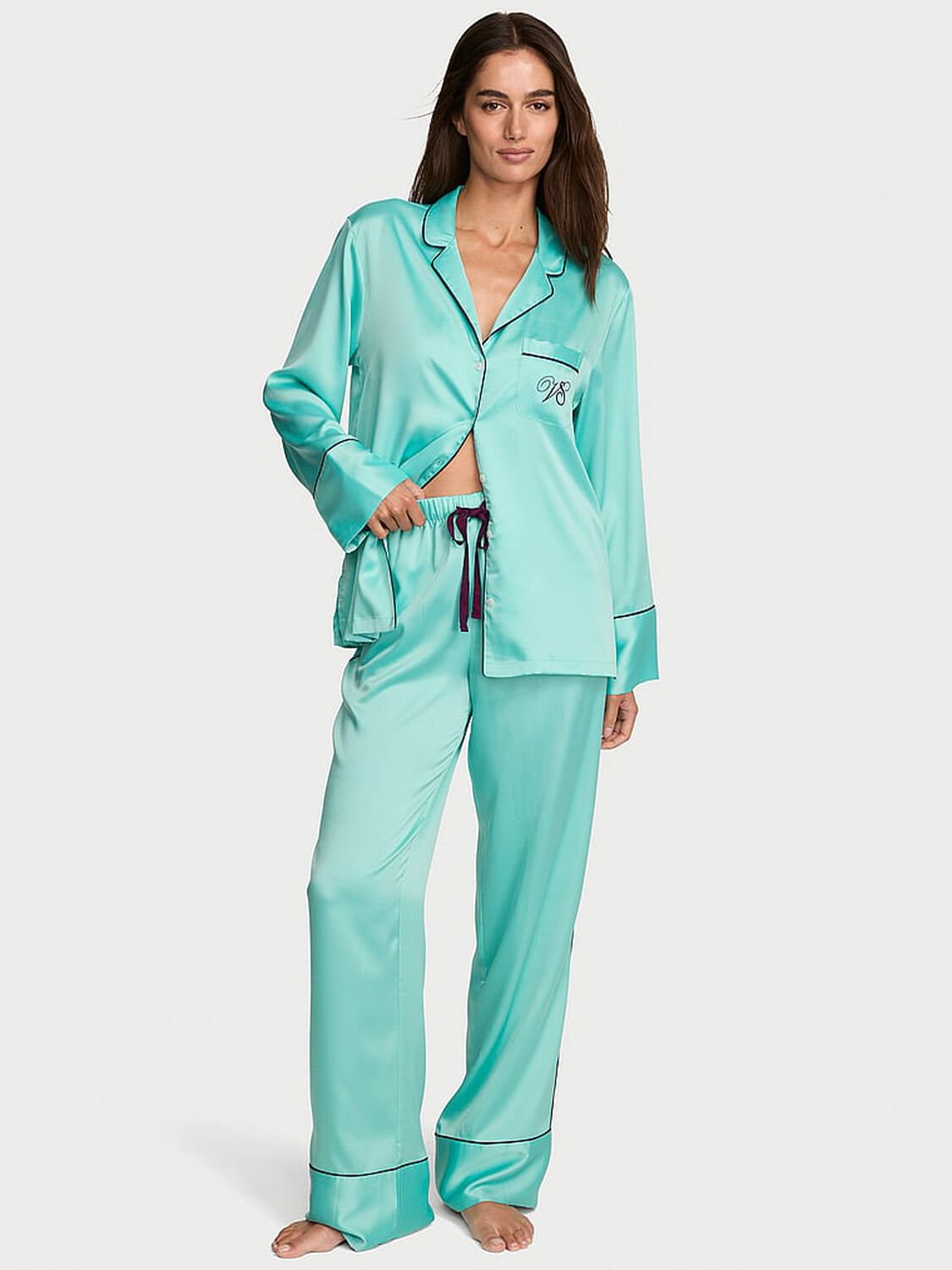 vs Victoria's Secret Signature Satin Long Pajama Set Scuba Blue 1 of 2 