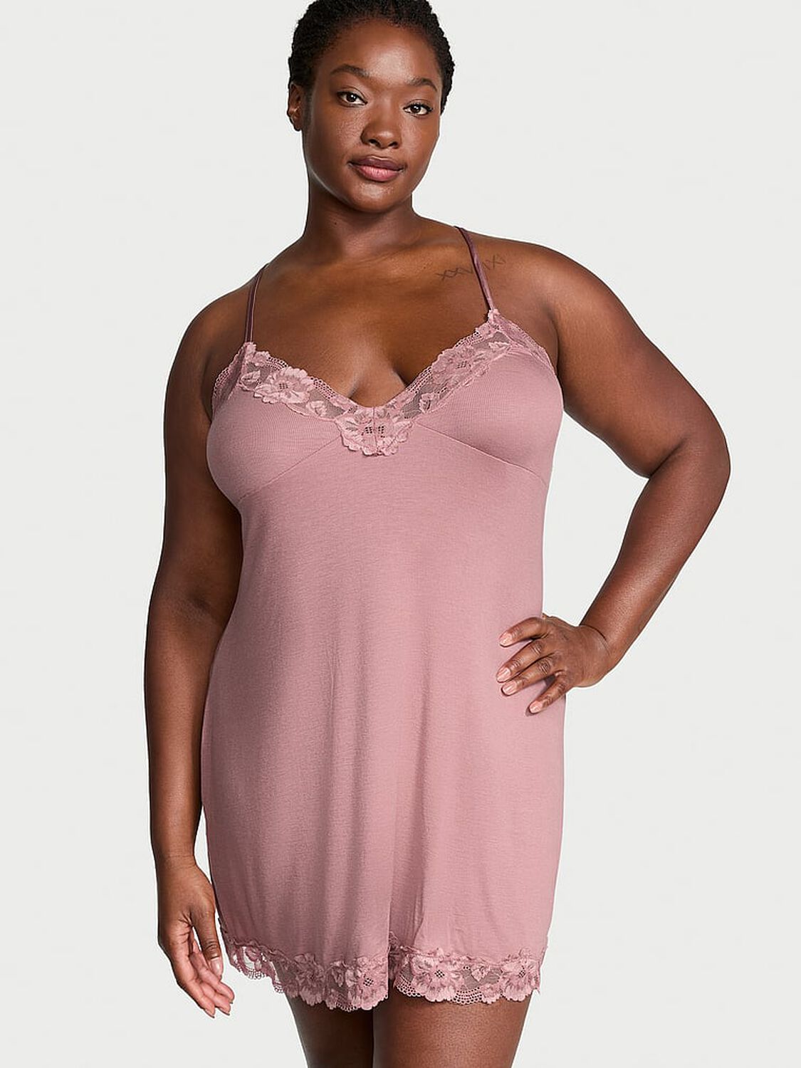 vs Victoria's Secret Ribbed Modal & Lace Cross-Back Slip Dress Nostalgia Rose 1 of 3 