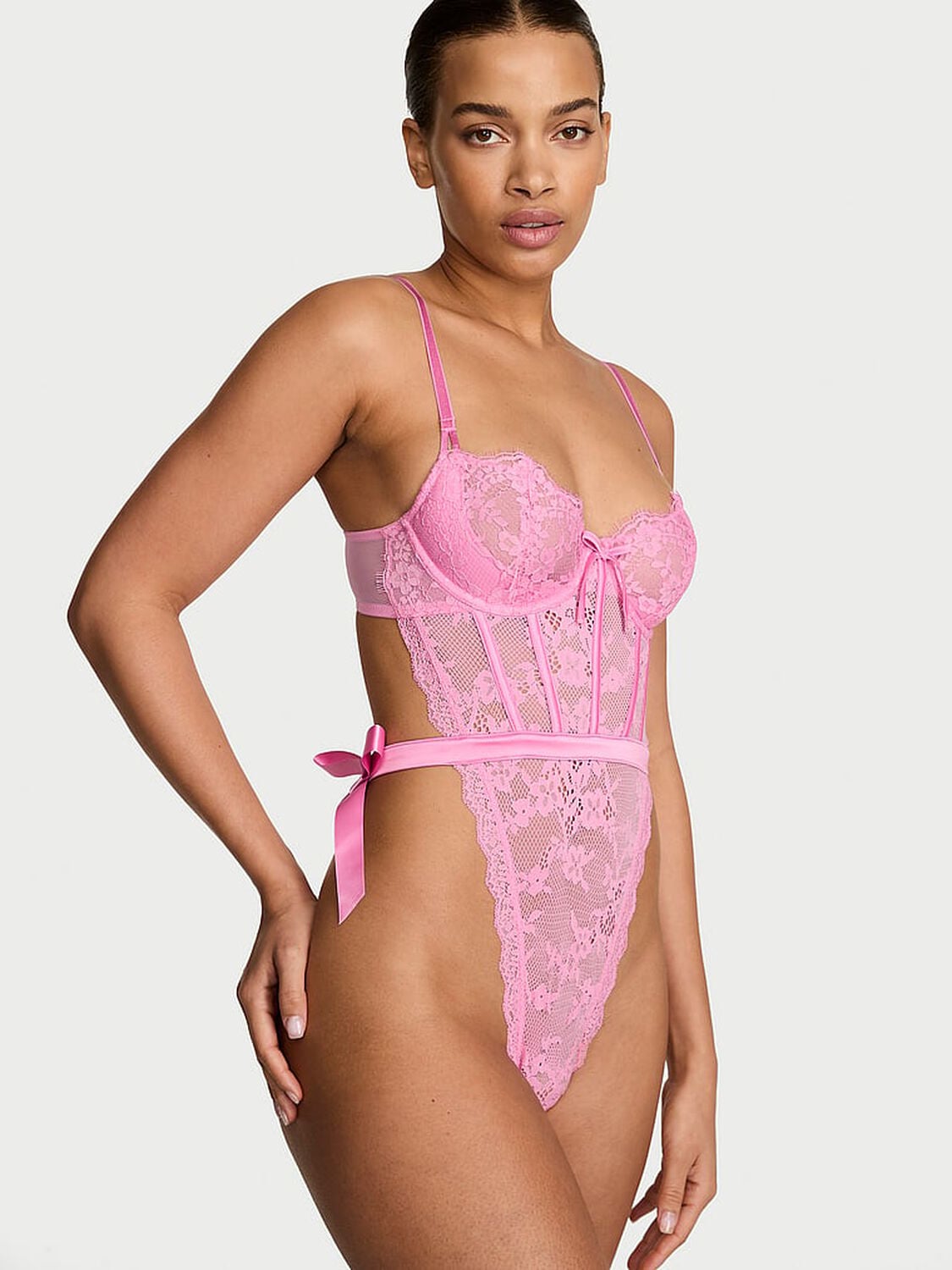 vs Dream Angels Wicked Unlined Lace Teddy Pink Sugar 1 of 2 