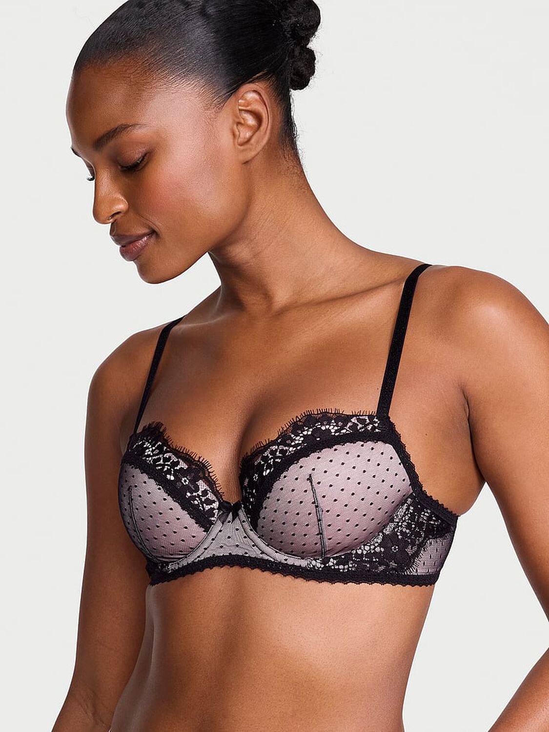 vs Dream Angels Heritage Dot Mesh Lace-Trim Lightly Lined Demi Bra Angel Pink 1 of 3 
