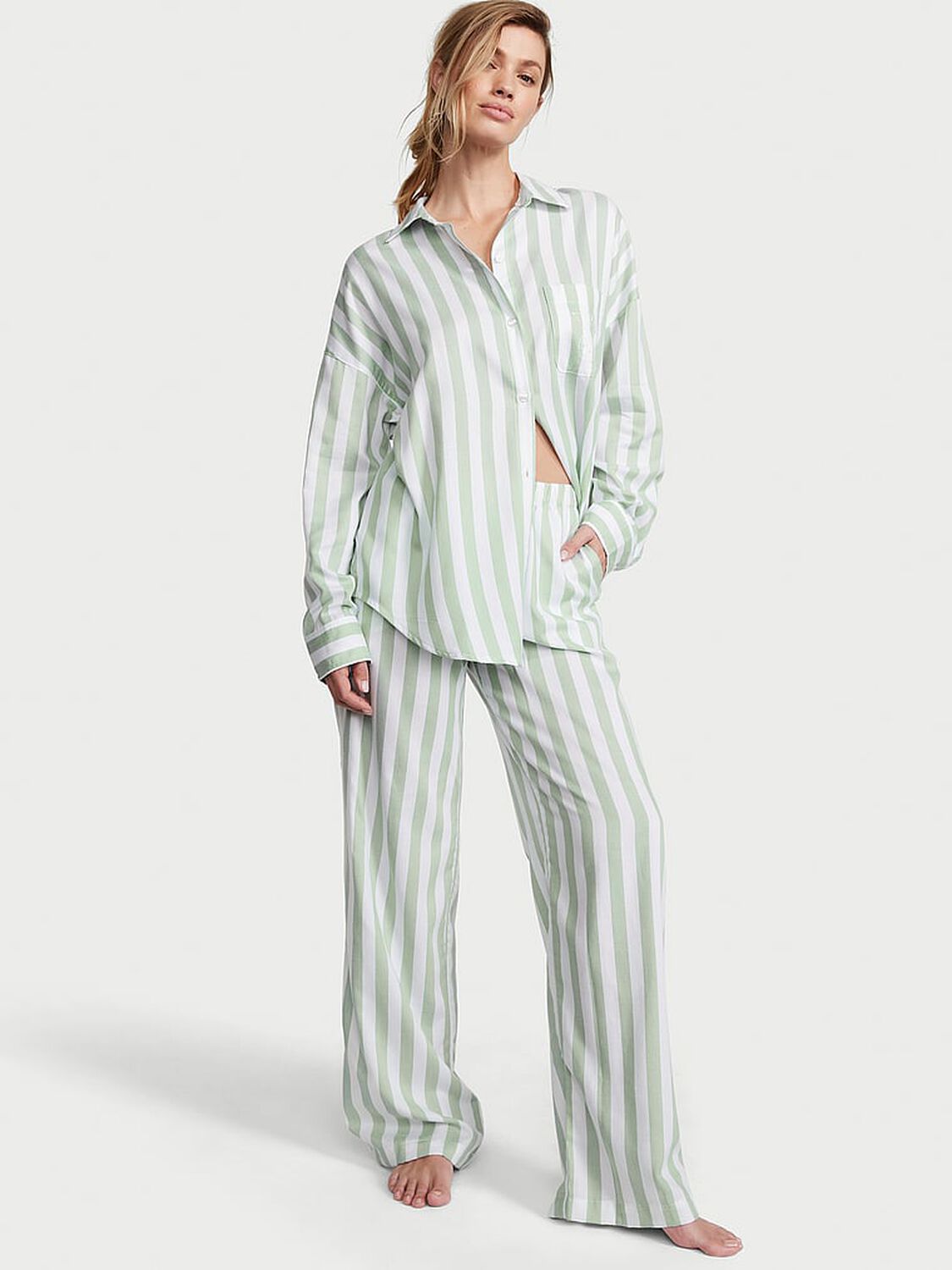 vs Victoria's Secret Modal-Cotton Long Pajama Set Seasalt Green Stripe 1 of 4 