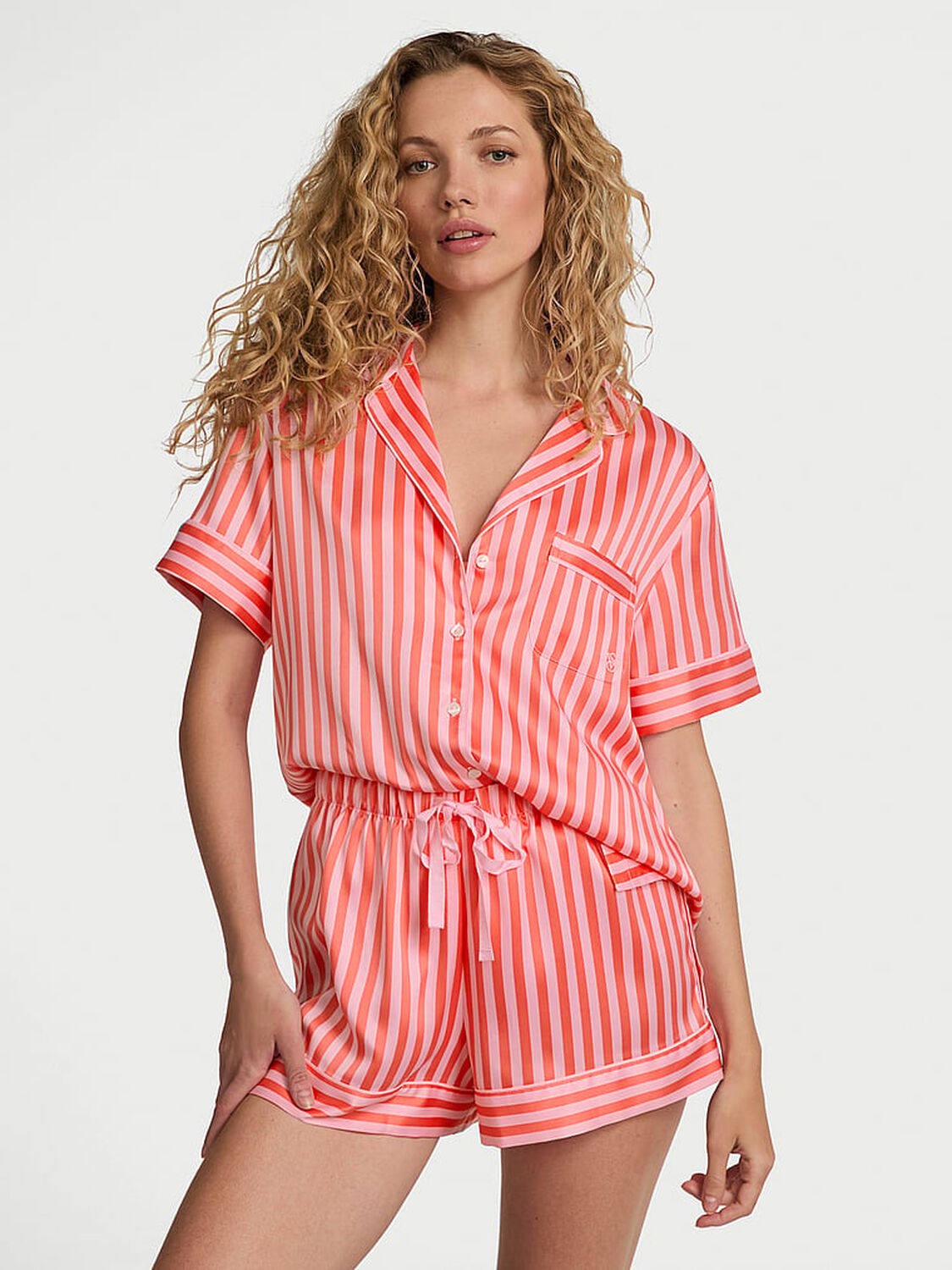 vs Victoria's Secret Glazed Satin Short Pajama Set Pretty Blossom Stripes 1 of 3 
