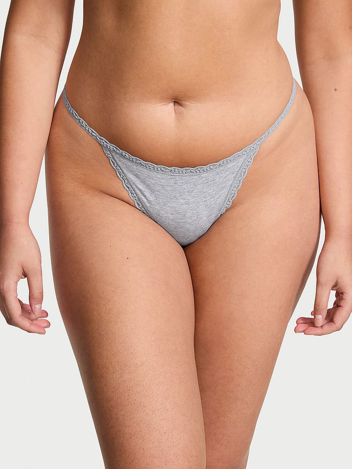 vs The Lacie Lace-Trim Cotton V-String Panty Heather Grey 1 of 3 