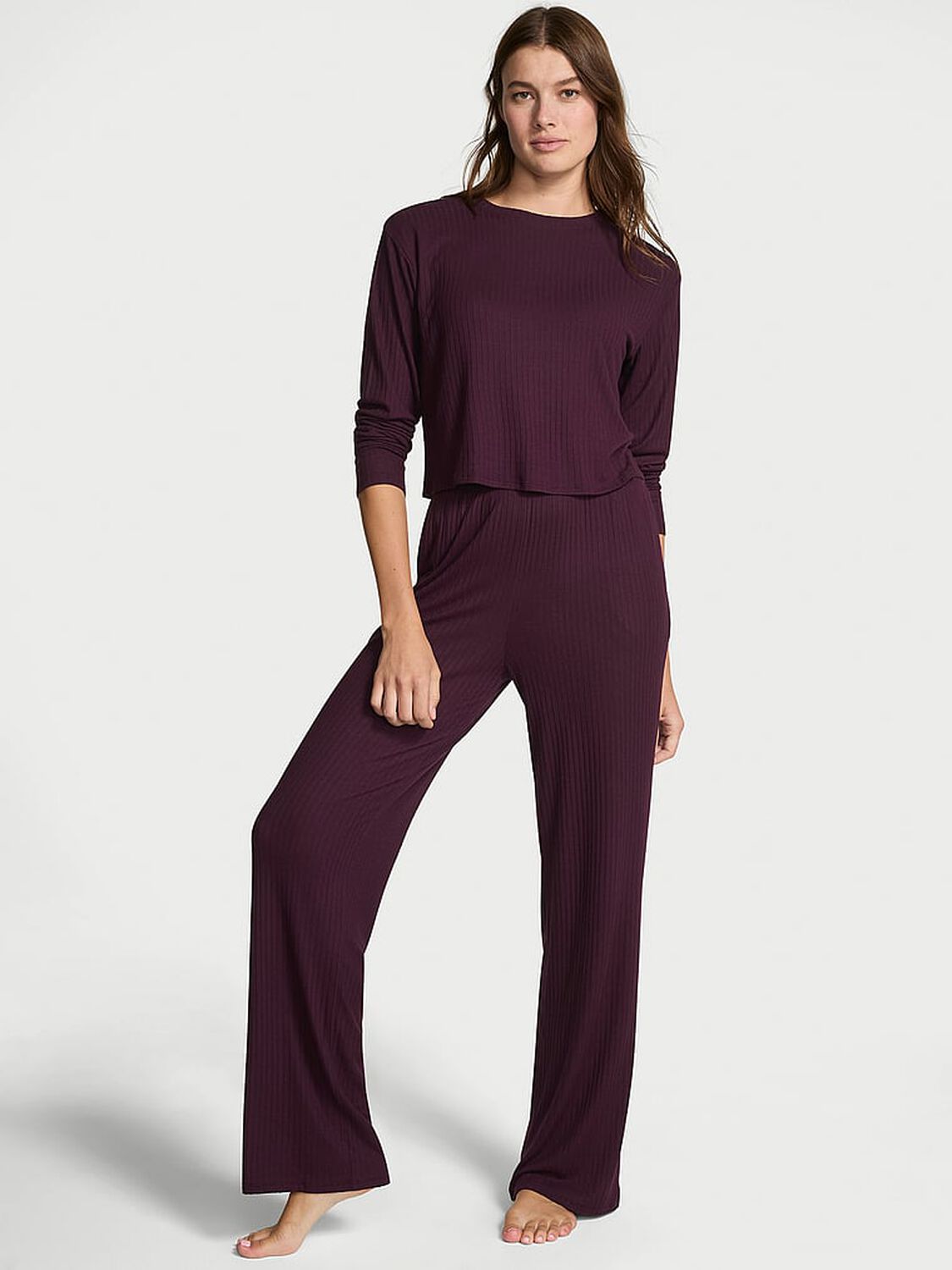 vs Victoria's Secret Modal Wide-Rib Long Lounge Set Winter Wine 1 of 4 