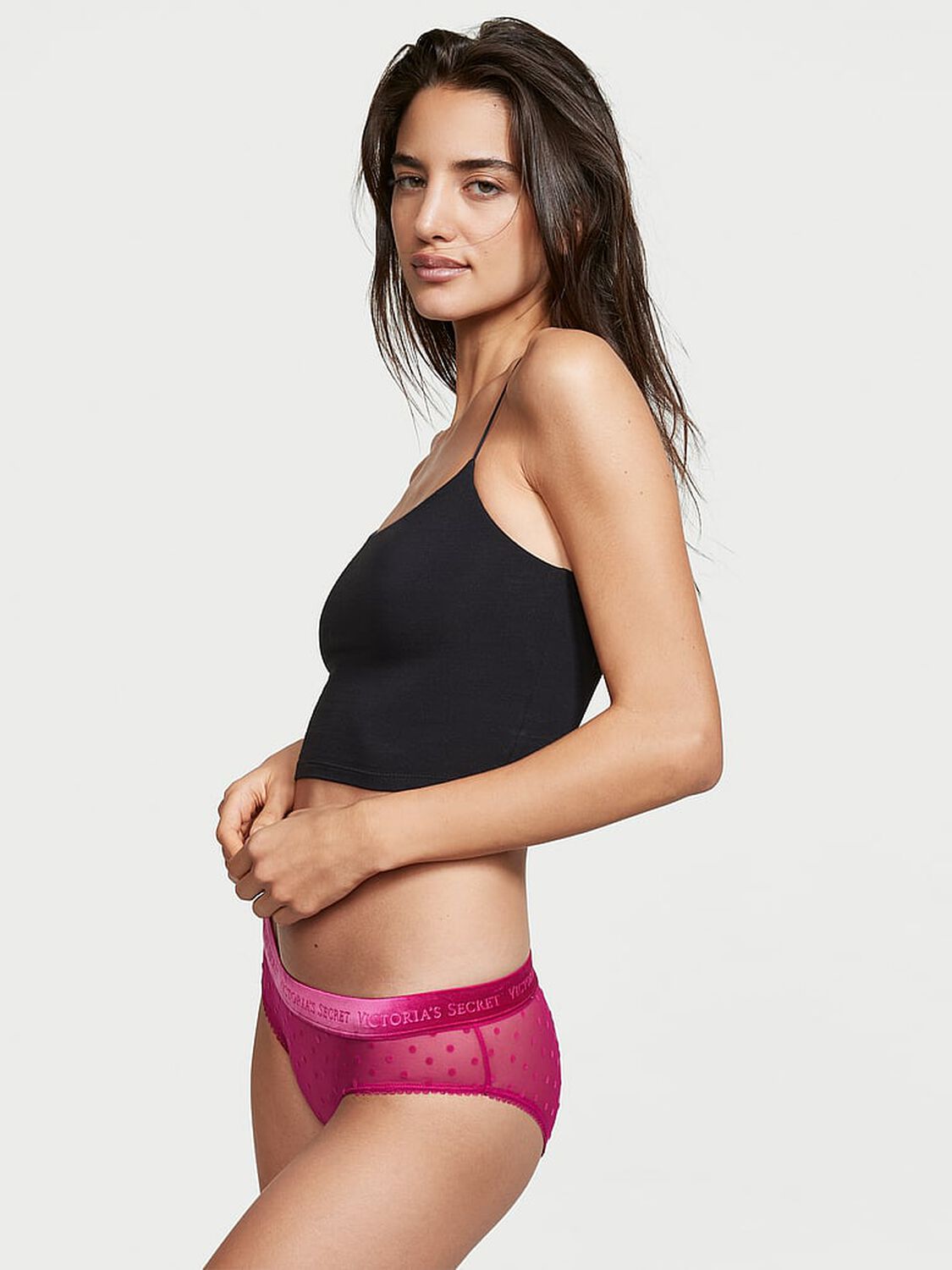 vs Victoria's Secret Logo Cotton Velvet Waistband Flocked Hiphugger Panty Berry Blush Flocking 1 of 3 