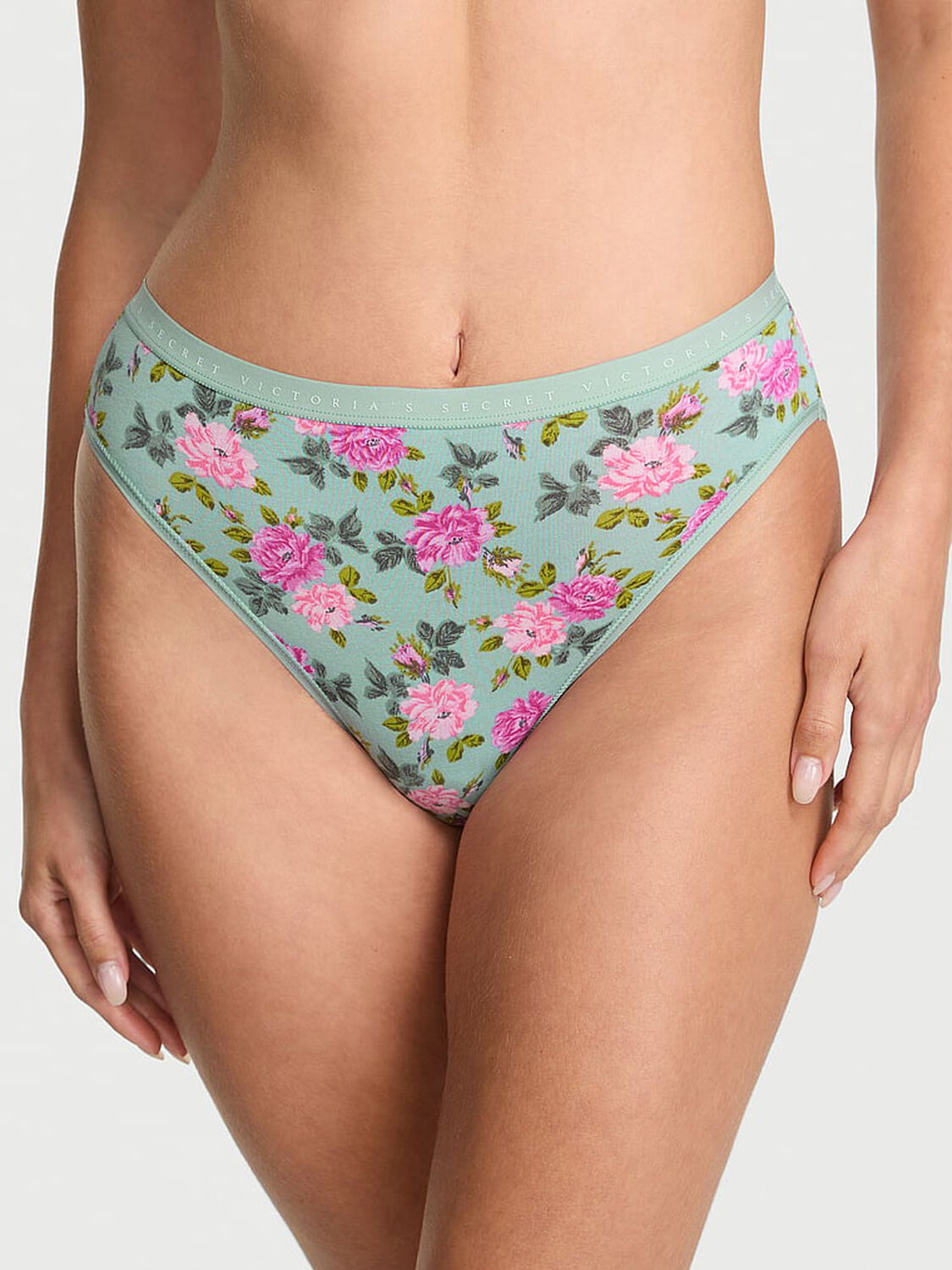 vs Victoria's Secret Stretch Cotton High-Leg Brief Panty Green Stone Roses 1 of 1 