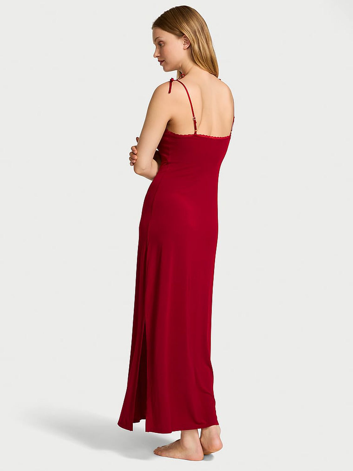 vs Victoria's Secret Modal Lace-Trim Bow Maxi Slip Dress Red Lacquer 2 of 2 