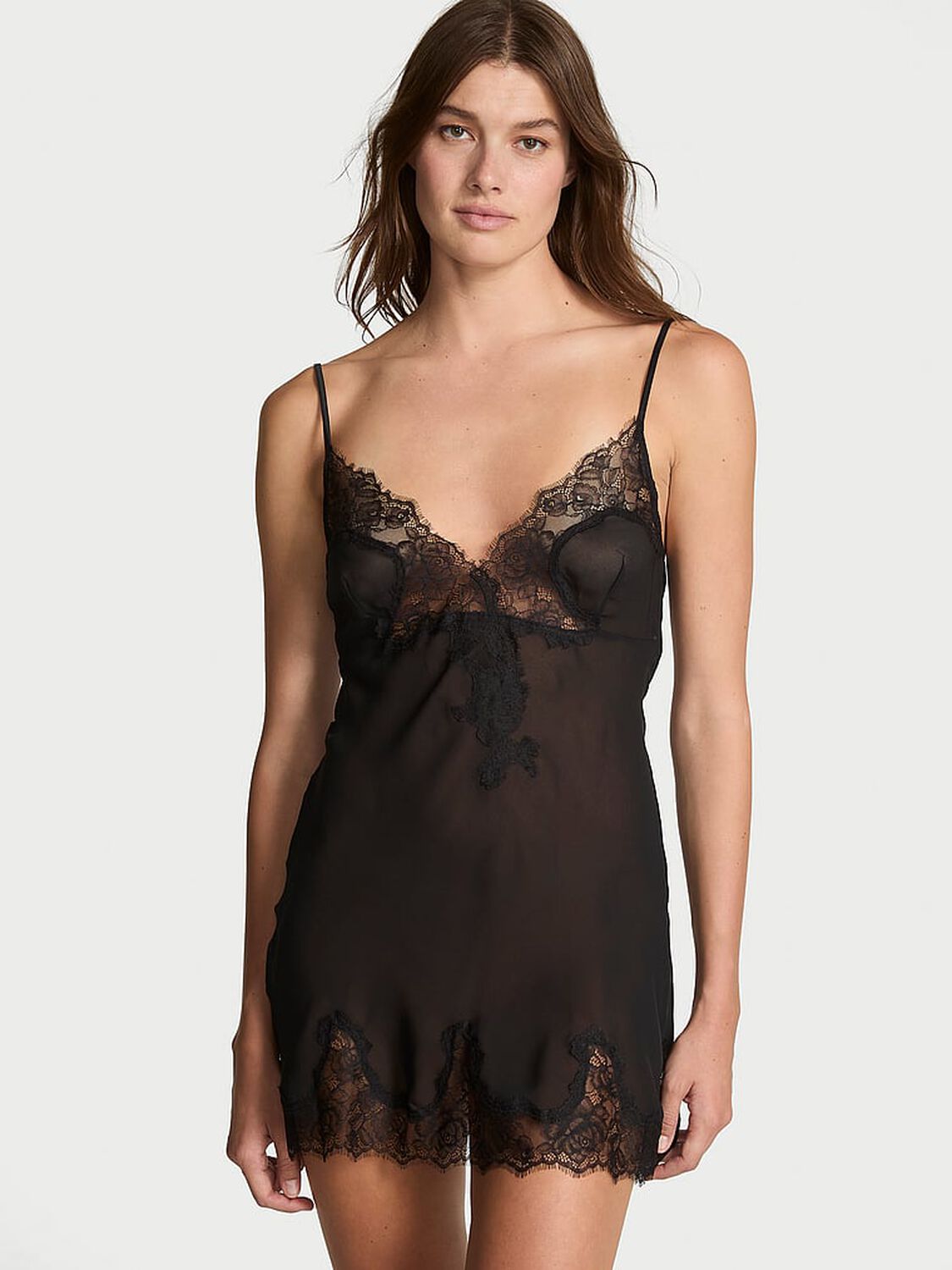 vs Very Sexy Rose Lace & Chiffon Mini Slip Dress Black 1 of 2 