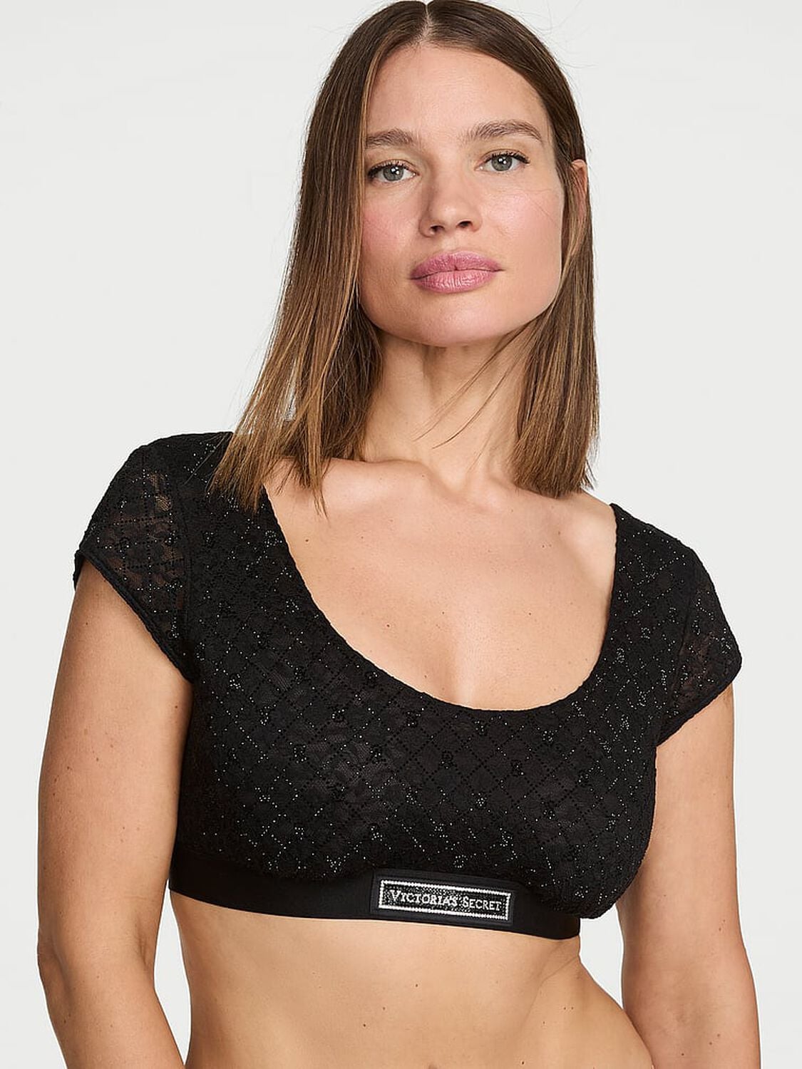 vs The T-Shirt Lace Shine Logo Cap-Sleeve Bralette Black 1 of 4 