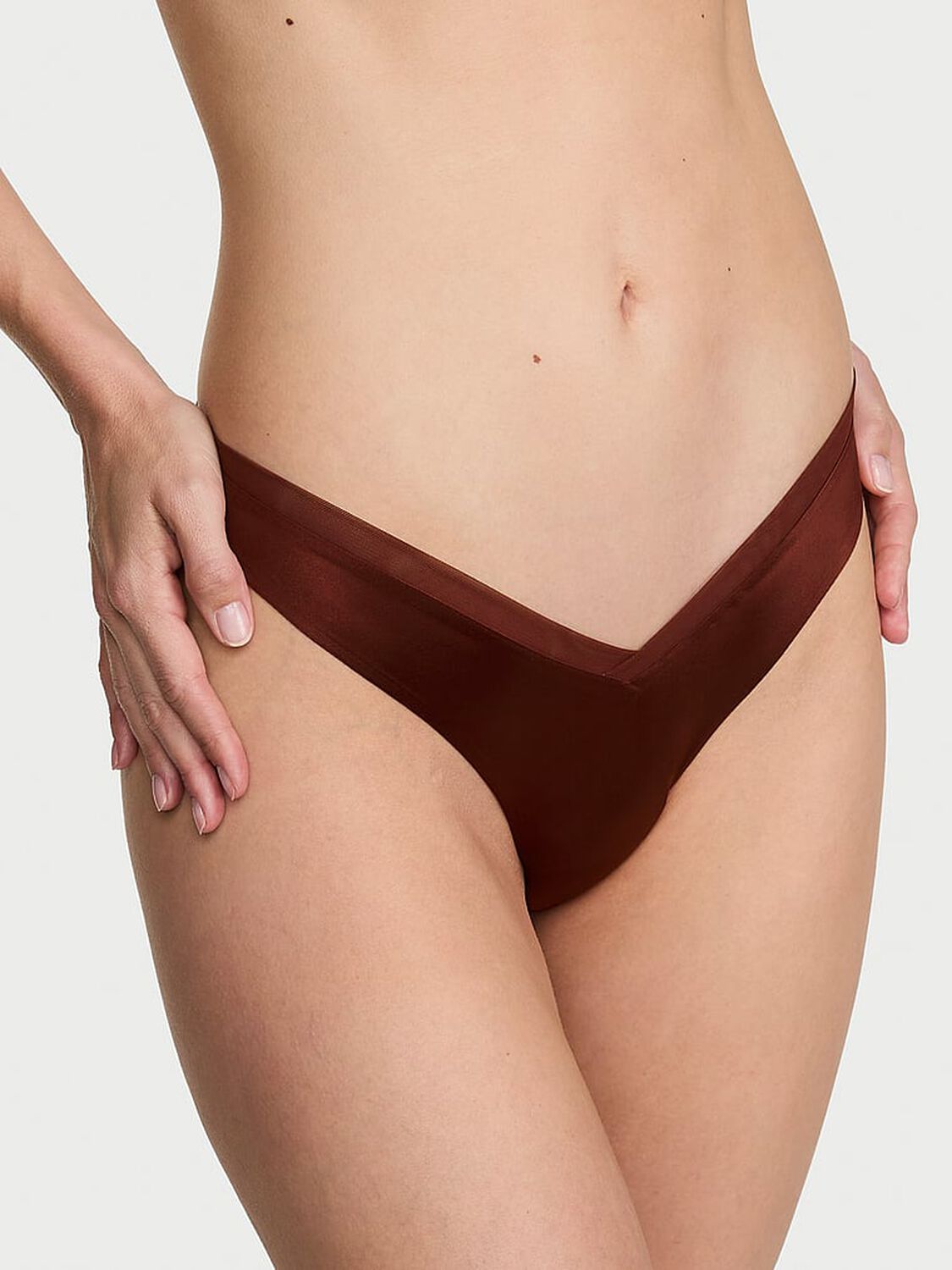 vs Very Sexy Sheer Reveal Mesh-Trim Strappy-Back Thong Panty Dark Chili 1 of 3 