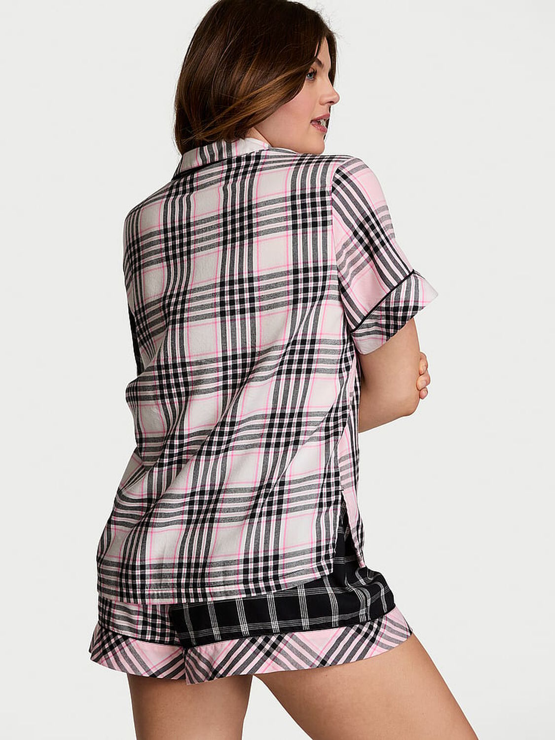 vs Victoria's Secret Flannel Short Pajama Set Pink & Black Plaid 2 of 4 