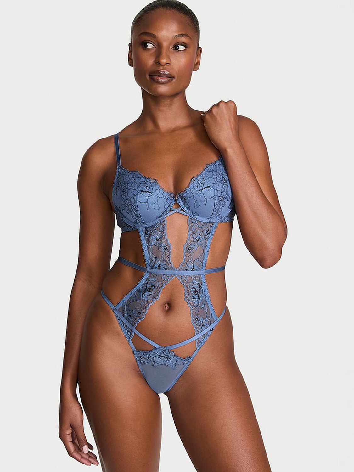 vs Very Sexy Denim Rose Lace Lightly Lined Strappy Teddy Denim Blue 1 of 3 
