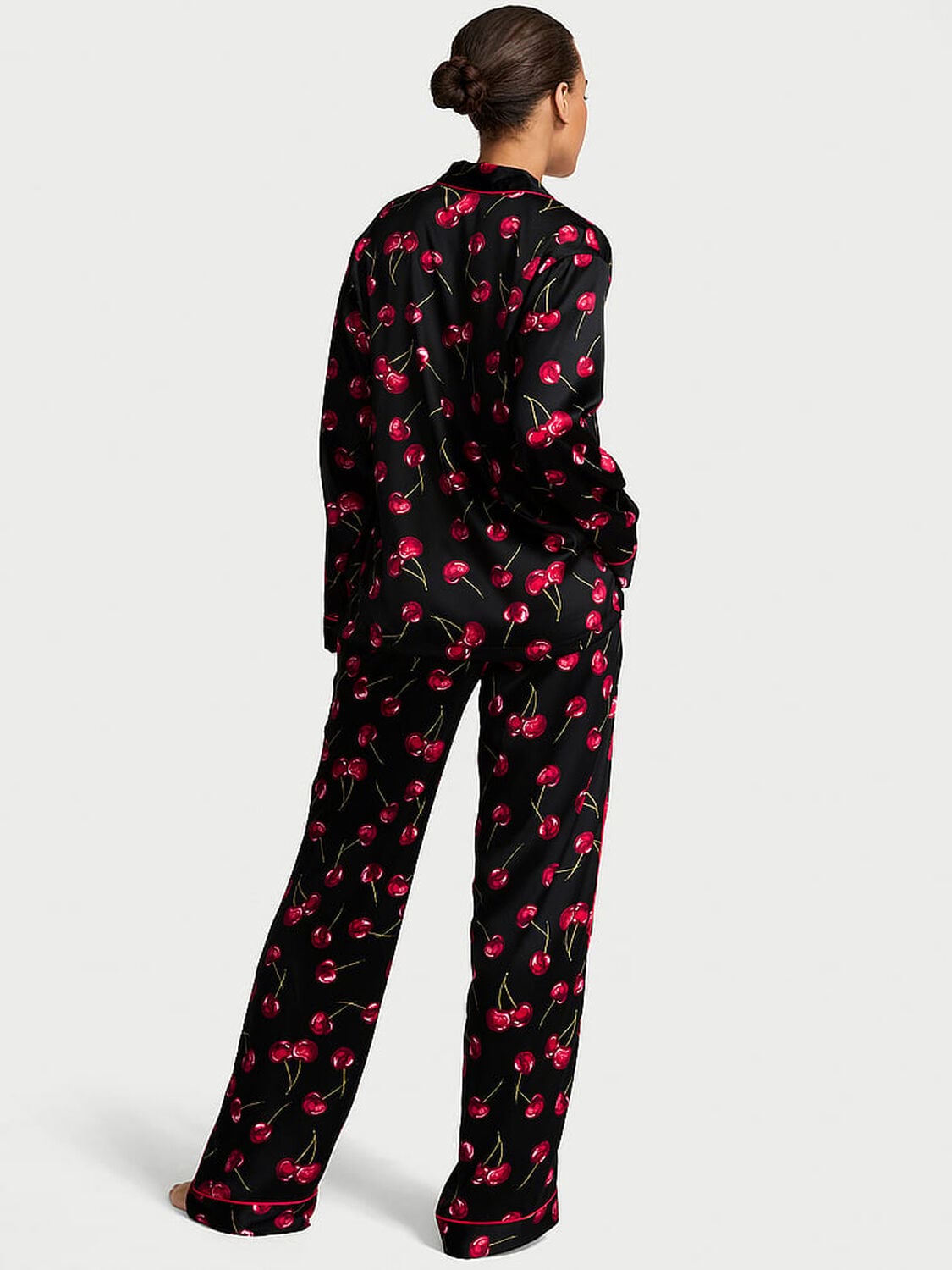 vs Victoria's Secret Glazed Satin Long Pajama Set Black/Green Chameleon Exploded Cherries 2 of 4 