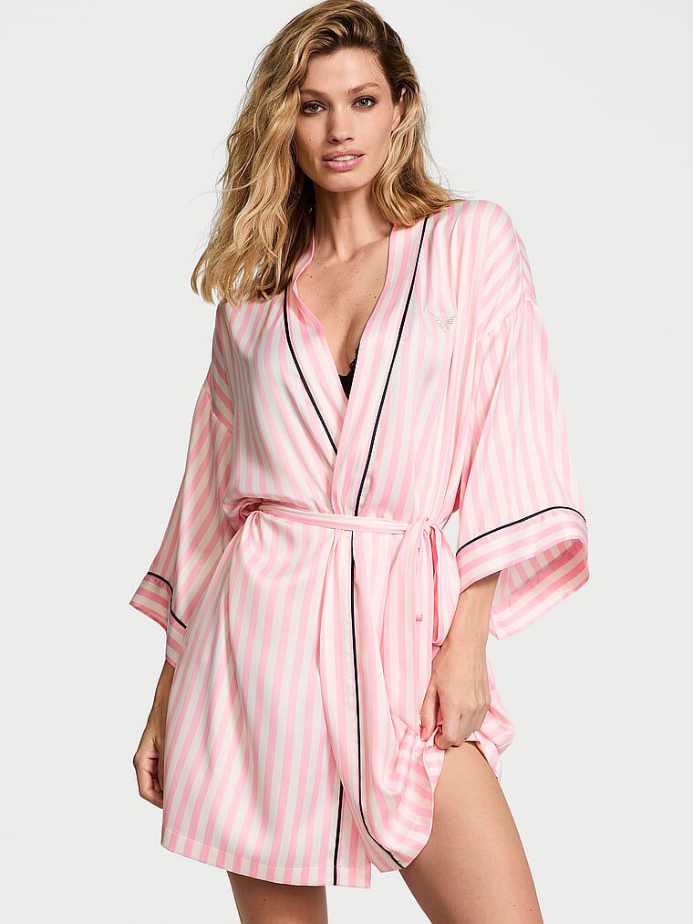 Victoria s Secret Fashion Show 24 Glazed Satin Short Robe Pink Iconic Stripe Victoria s Secret Australia