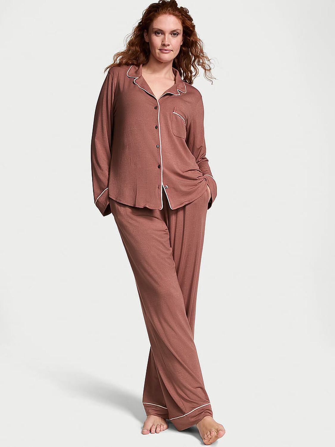 vs Victoria's Secret Modal Long Pajama Set Vintage Rose Lurex Stripe 1 of 4 