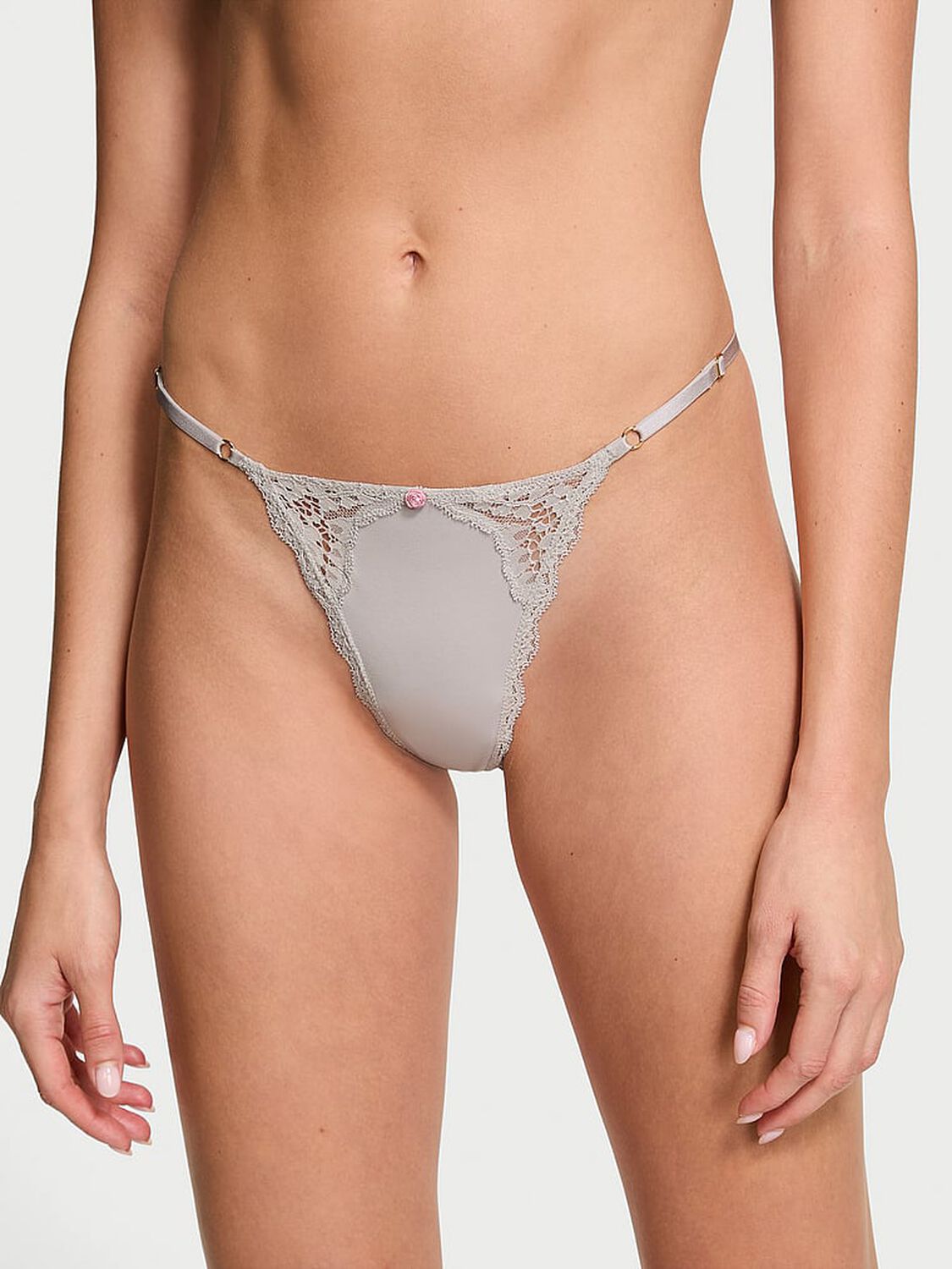 vs Dream Angels Lace-Trim Adjustable V-String Panty Silver Pearl 1 of 4 