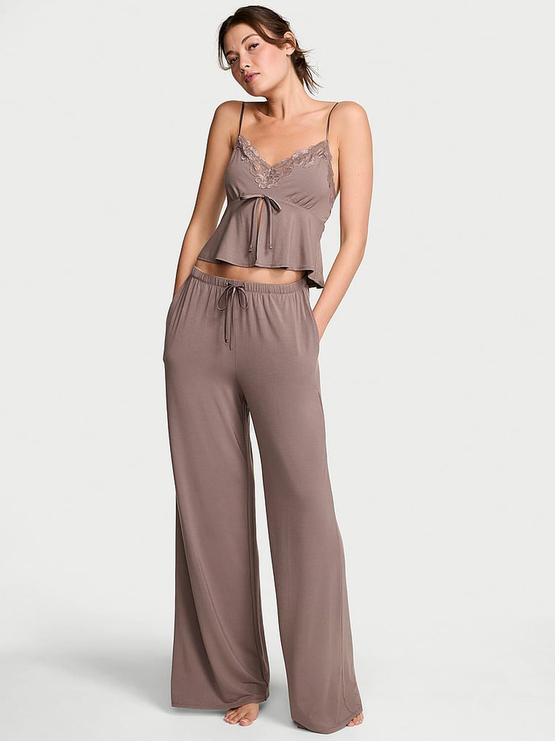 vs Victoria's Secret Modal Soft Lace-Trim Cami & Wide-Leg Pant Set Cloudy Grey 1 of 3 