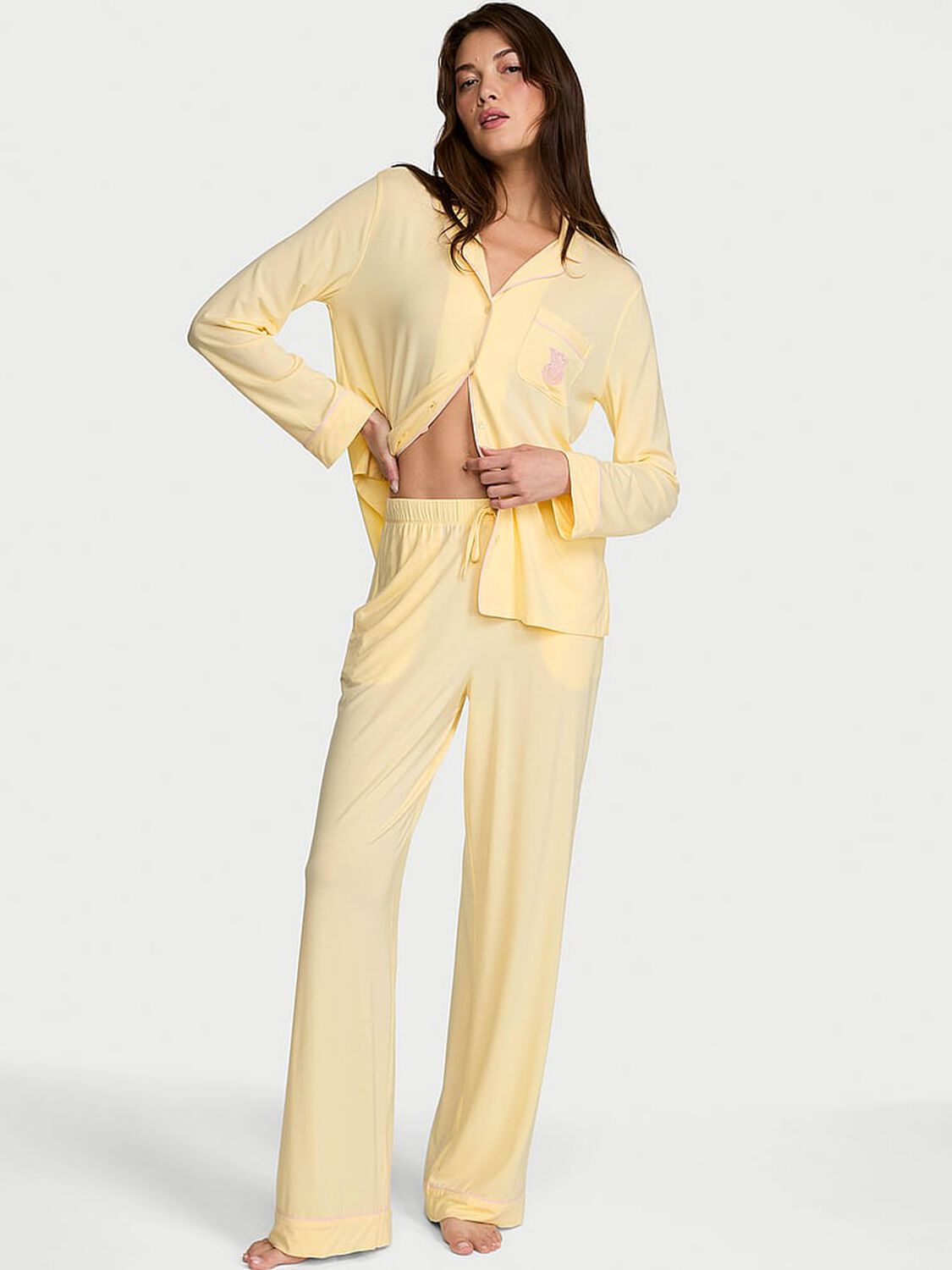 vs Victoria's Secret SoSoft&trade; Modal Long Pajama Set Sunny Honey W Embroidered Logo Pocket 1 of 4 