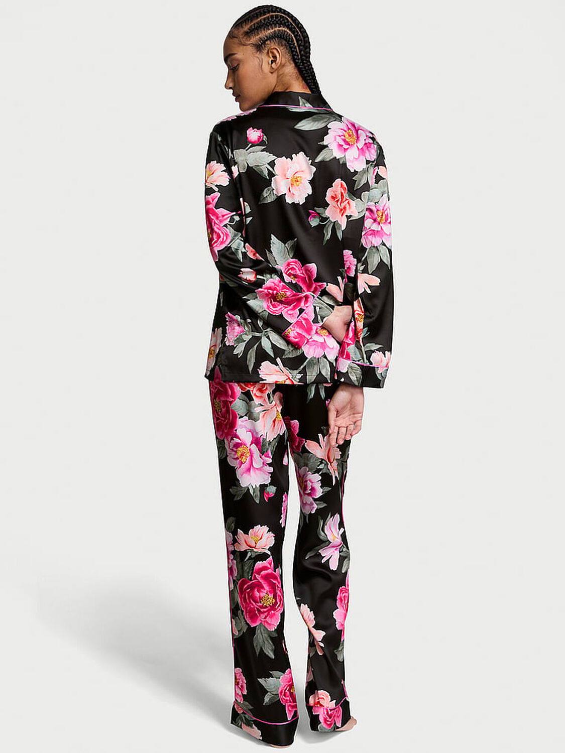 vs Victoria's Secret Glazed Satin Long Pajama Set Black Floral Bouquet 2 of 3 