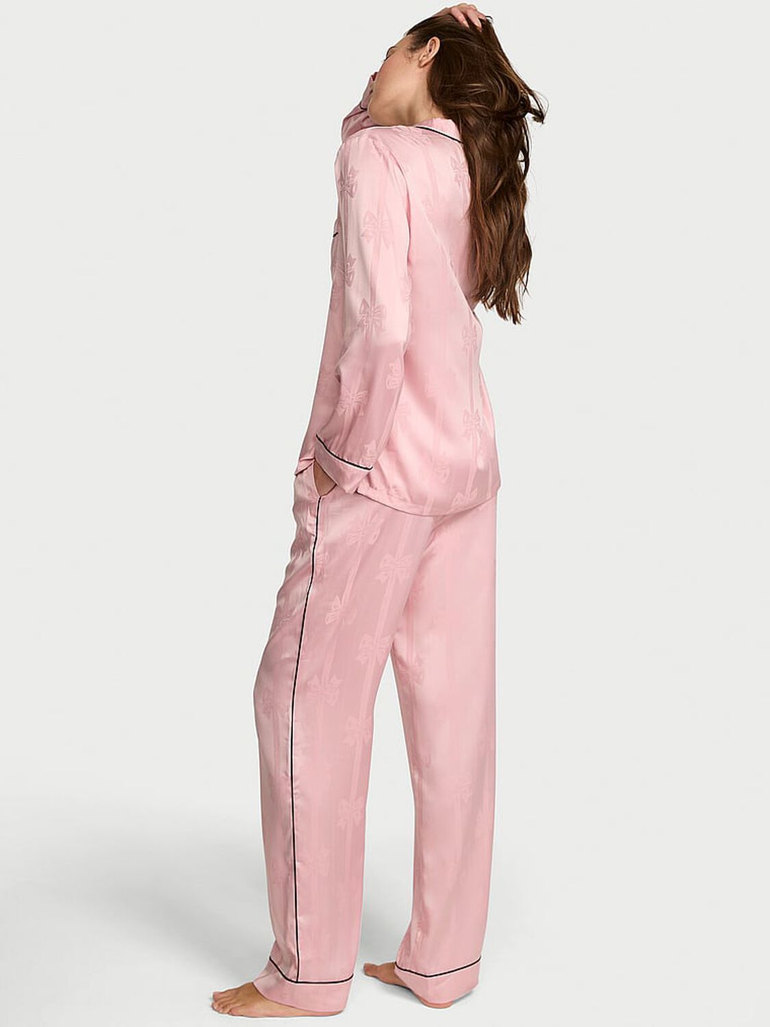 vs Victoria's Secret Glazed Satin Bow Stripe Long Pajama Set Dusk Pink 2 of 2 