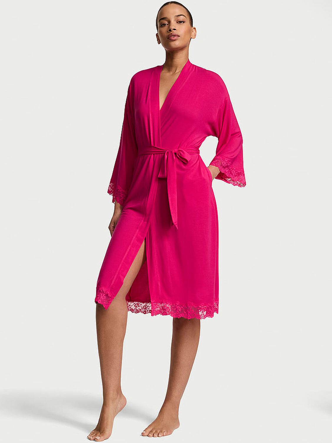 vs Victoria's Secret SoSoft&trade; Modal Lace-Trim Robe Pop Pink 1 of 3 