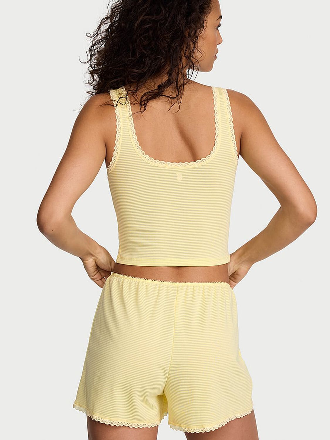 vs Victoria's Secret Cotton Shadow Stripe Cropped Tank & Shorts Set Lemonade 2 of 3 