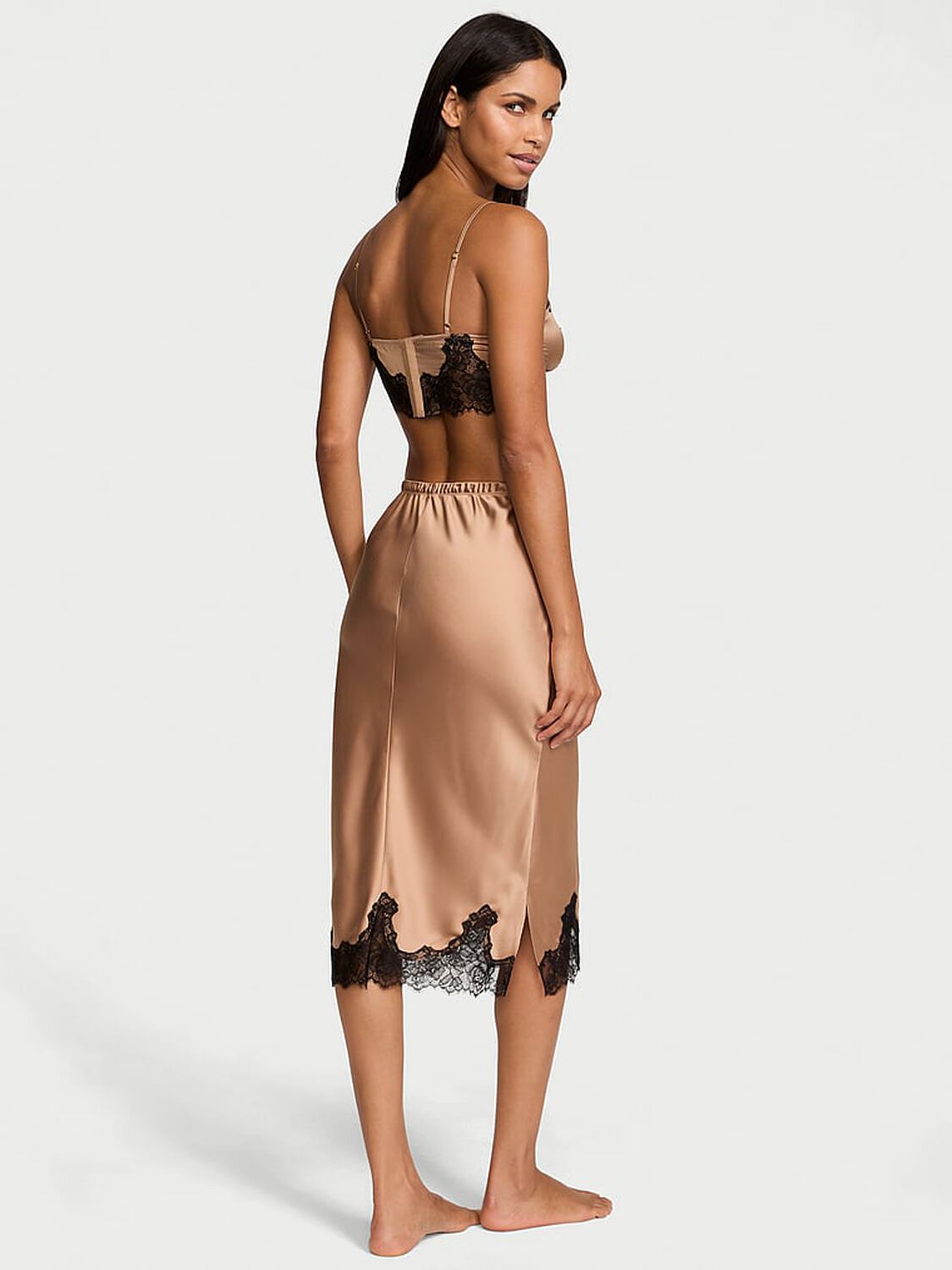 vs Victoria's Secret Satin Rose Lace-Trim Bralette & Midi Skirt Set Vintage Tan 2 of 3 