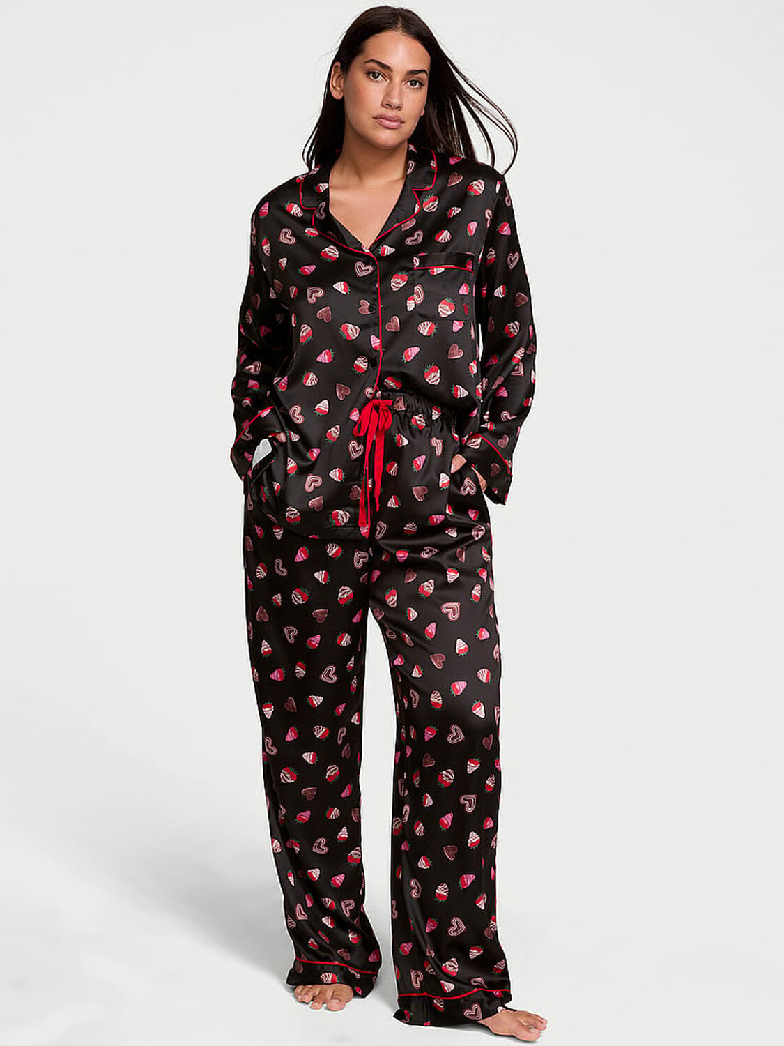 vs Victoria's Secret Glazed Satin Long Pajama Set Black Chocolate Strawberries 1 of 4 