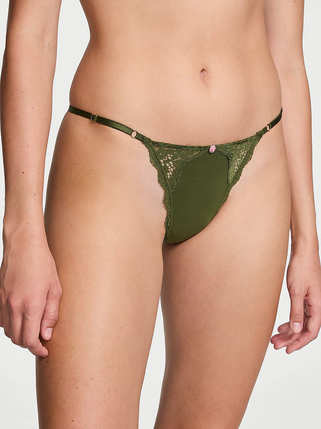 vs Dream Angels Lace-Trim Adjustable V-String Panty Woodland Green 1 of 3 