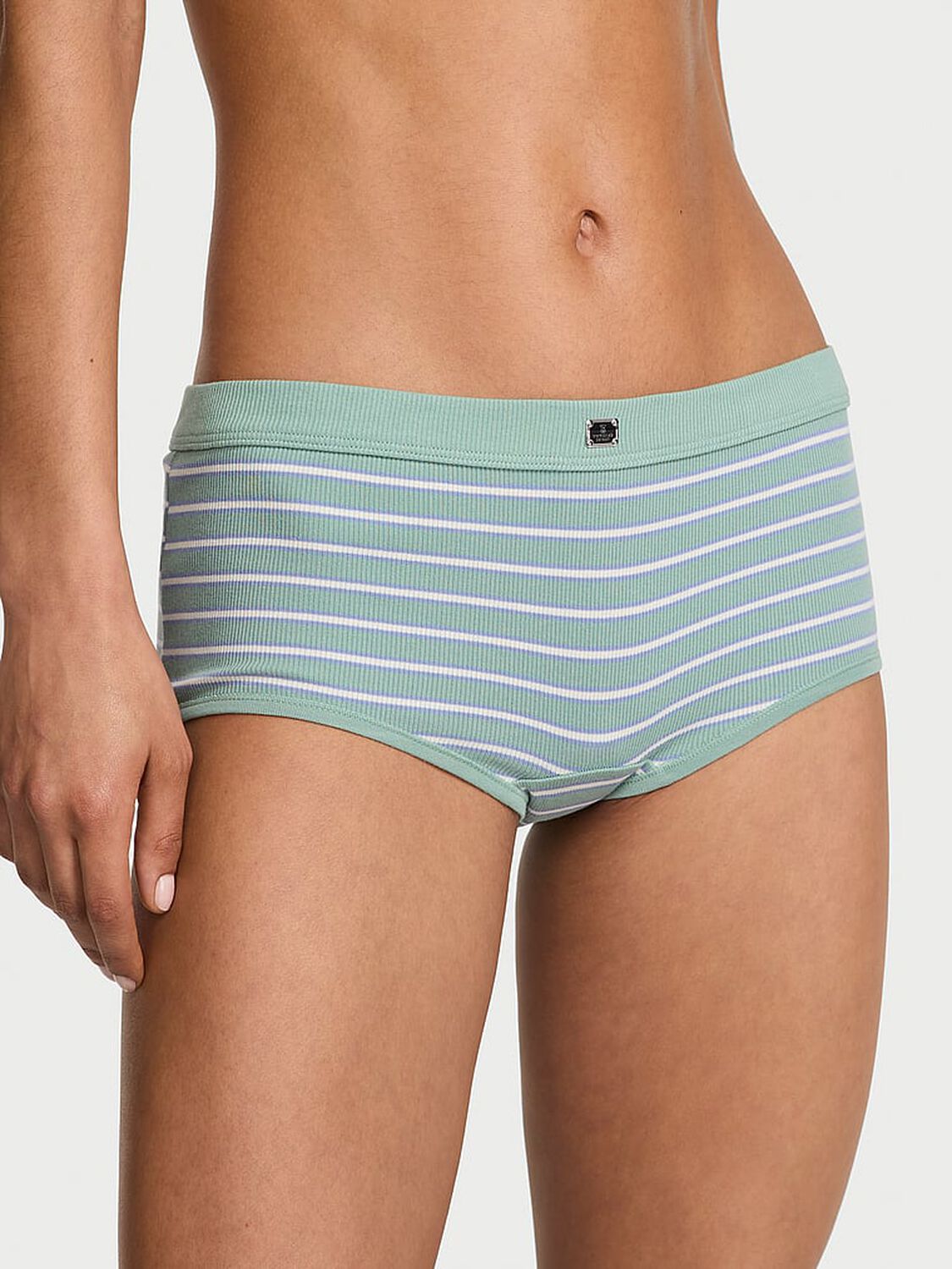 vs Cotton Cotton Rib Logo Hardware Boyshort Panty Seasalt Green Stripe 1 of 2 