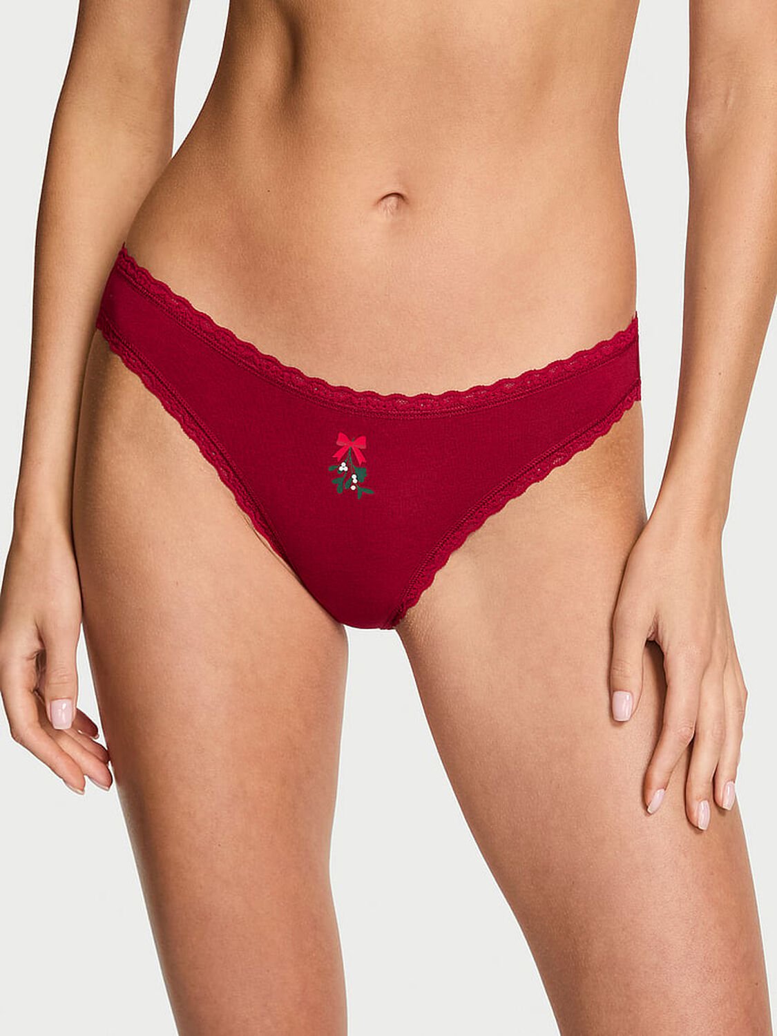 vs Lace Trim Lace-Waist Bikini Panty Red Lacquer Mistletoe 1 of 2 