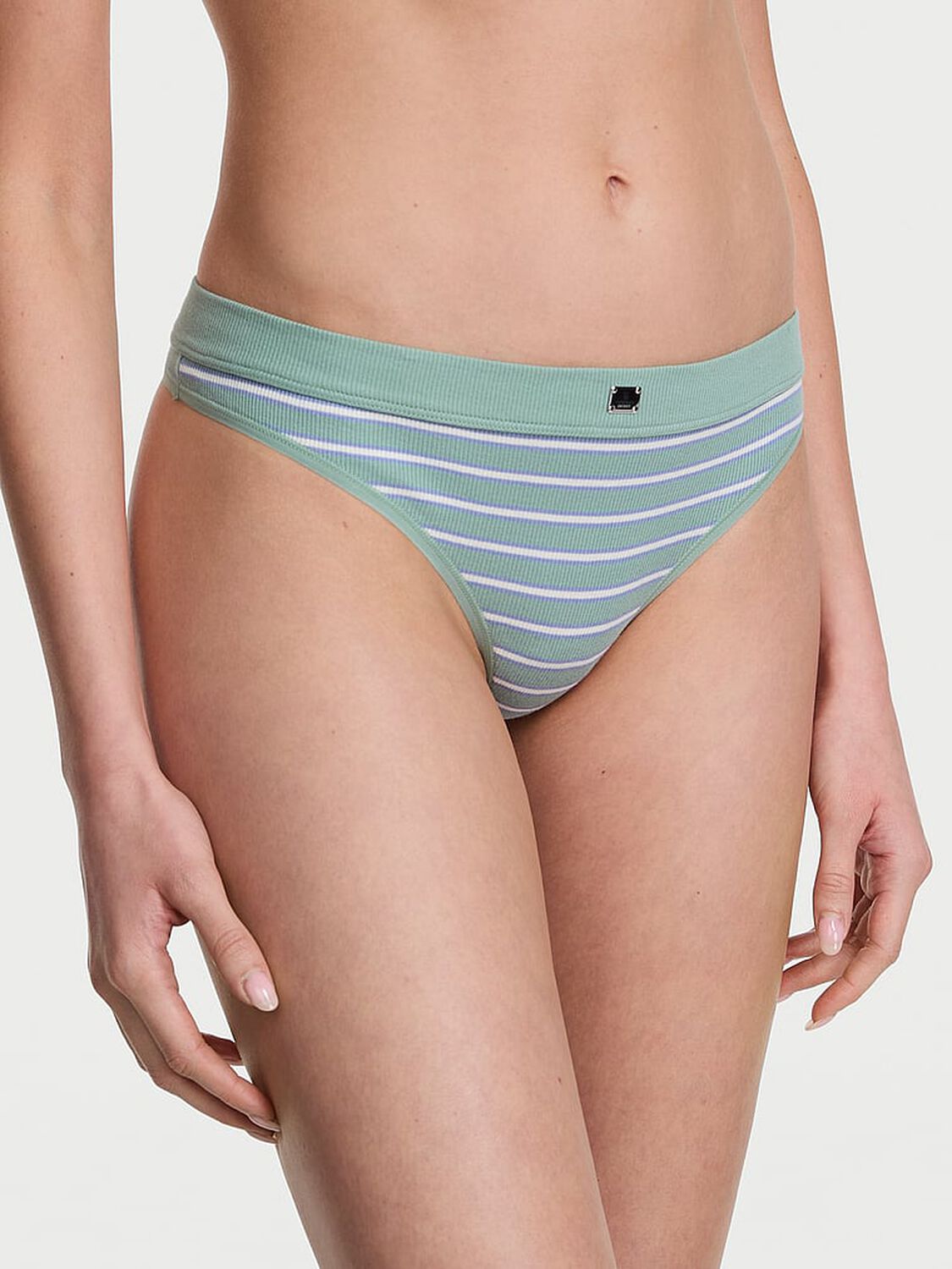 vs Cotton Cotton Rib Logo Hardware Thong Panty Seasalt Green Stripe 1 of 2 