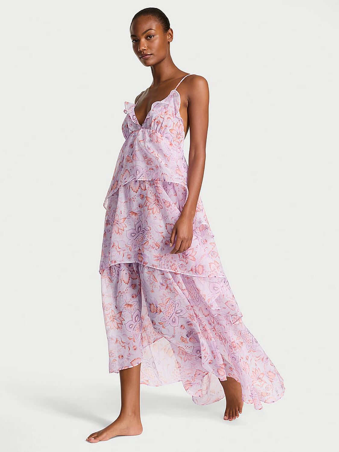 vs Victoria's Secret Vintage Blossom Chiffon Ruffled Maxi Dress Delicate Violet Floral 1 of 4 