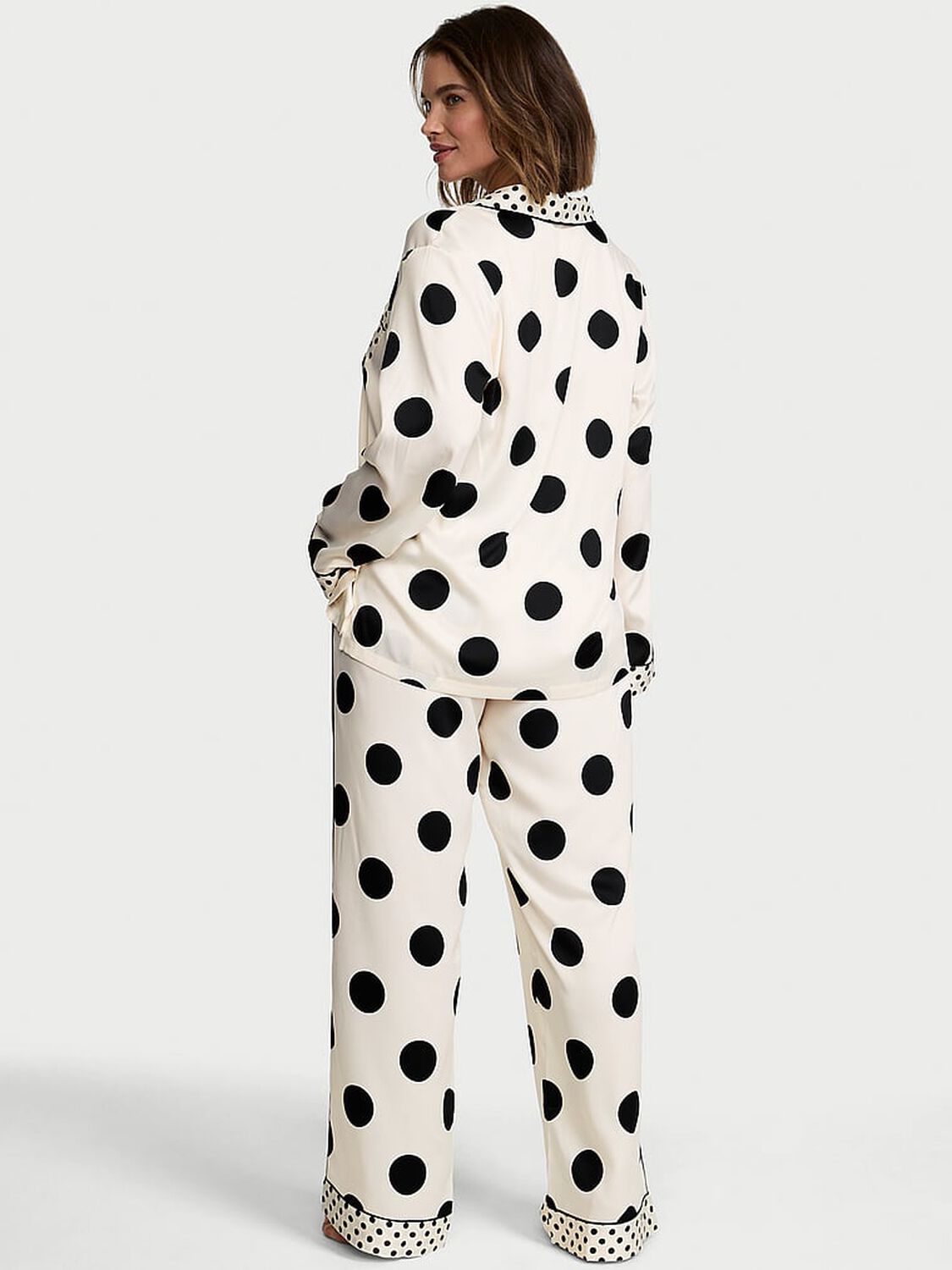 vs Victoria's Secret Signature Satin Long Pajama Set Tan & Black Dots 2 of 3 
