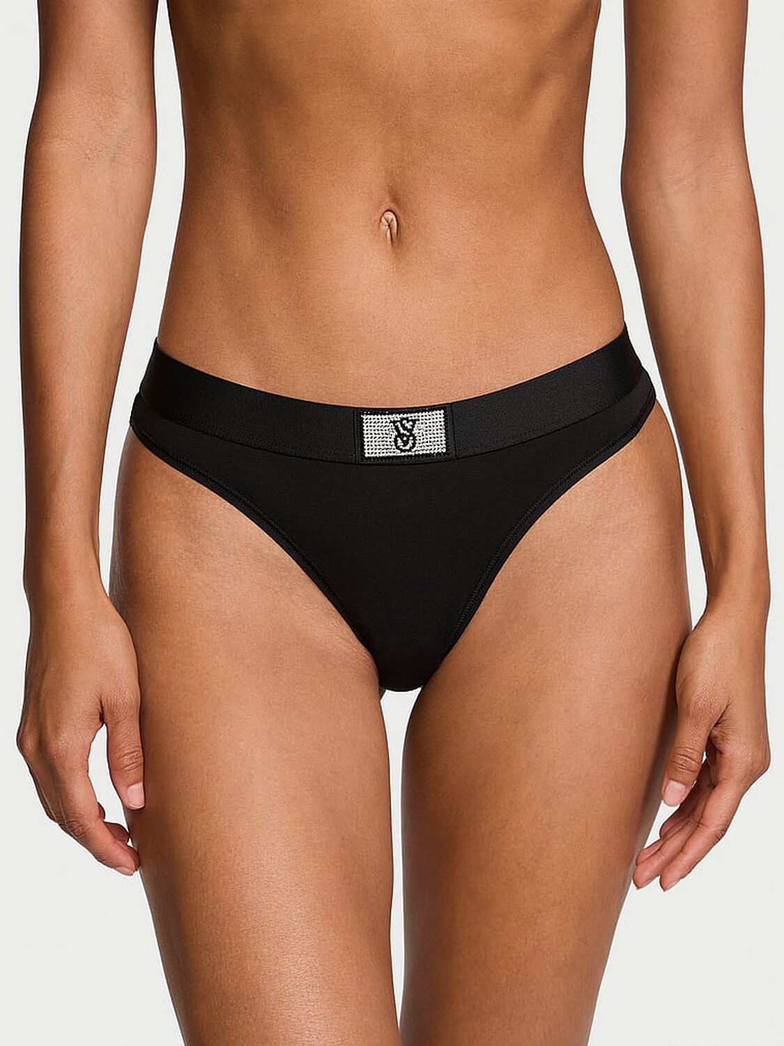 vs Cotton Logo Cotton Shine Patch Thong Panty Black 1 of 4 