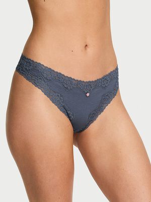 Cotton Shadow Stripe Lace-Waist Thong Panty