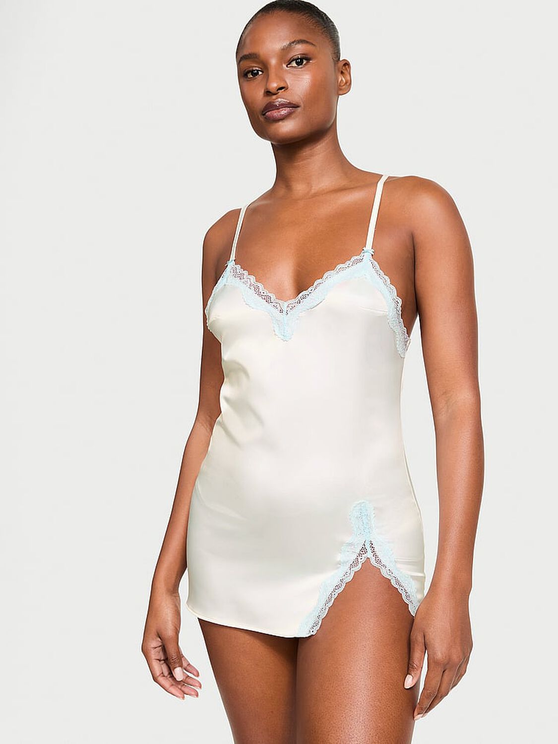 vs Victoria's Secret Tease Satin Lace-Trim Mini Slip Coconut White 1 of 3 