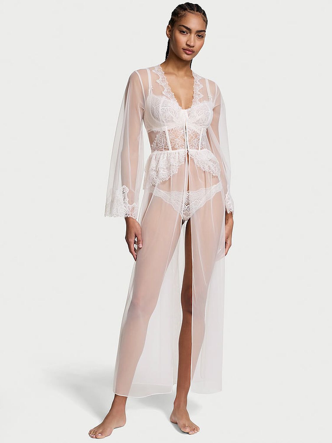 vs Victoria's Secret Rose Lace & Tulle Corset Long Robe Coconut White 1 of 2 