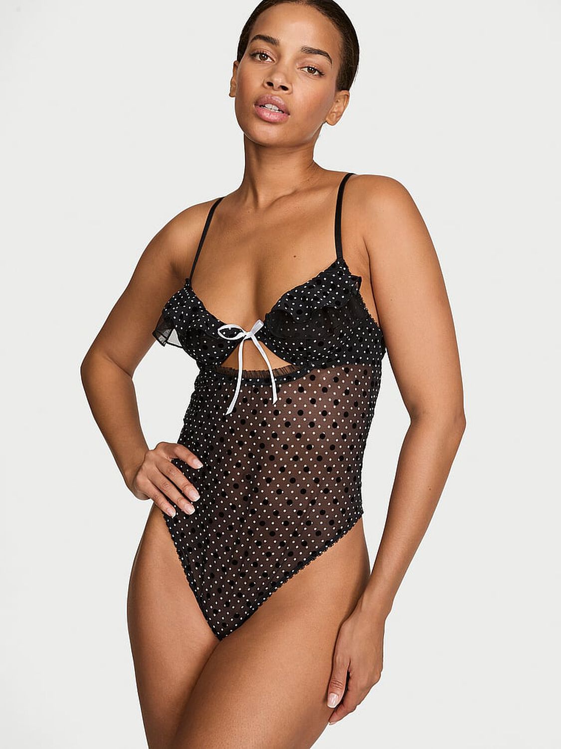 vs Victoria's Secret Tease Dot Ruffle Cupped Bodysuit Black Dots 1 of 3 