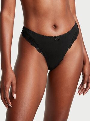 Body by Victoria Stretch Cotton Lace-Trim High-Leg Scoop Thong Panty