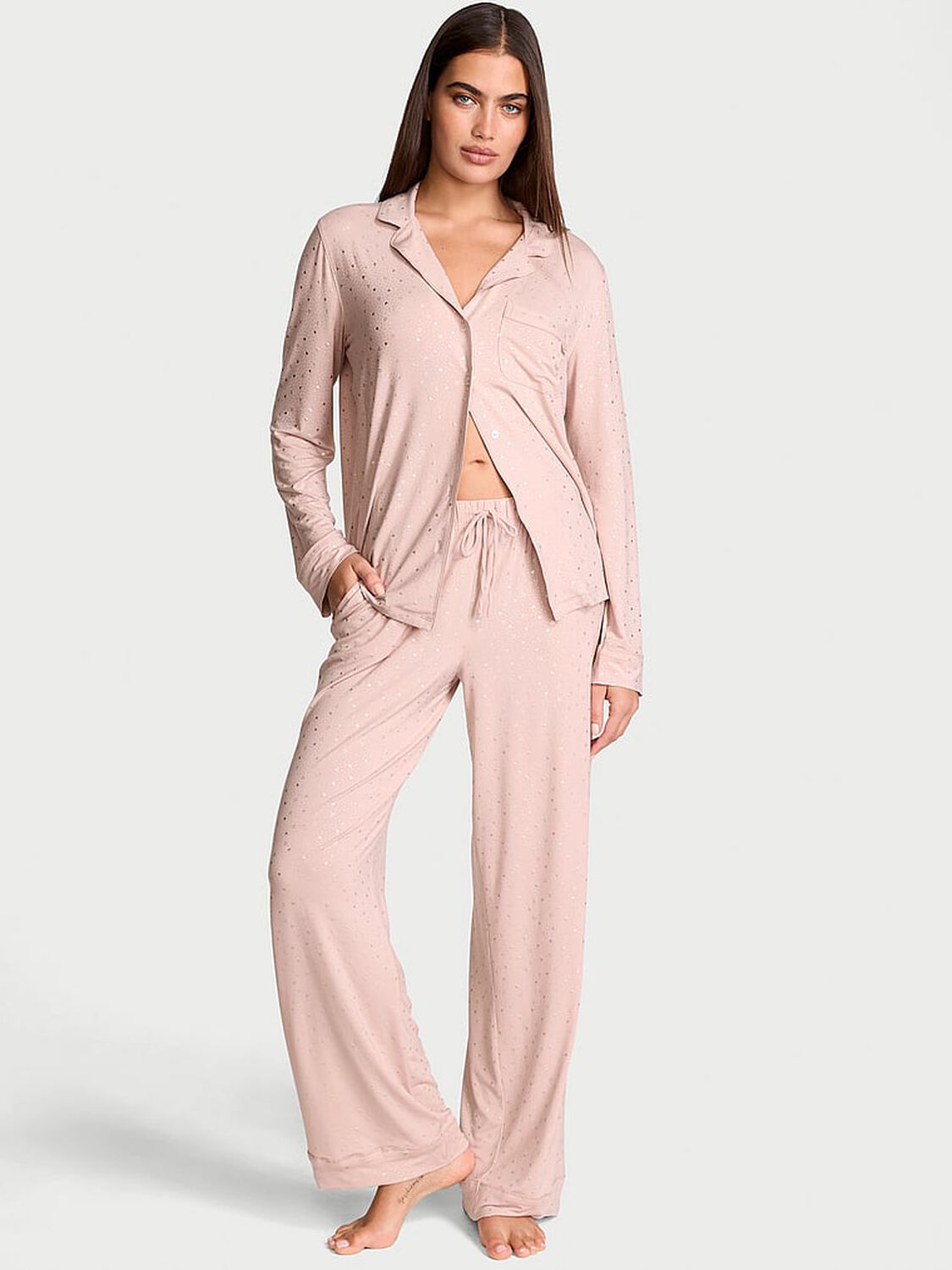 vs Victoria's Secret Modal Soft Long Pajama Set Pink Zinc Shimmer 1 of 3 