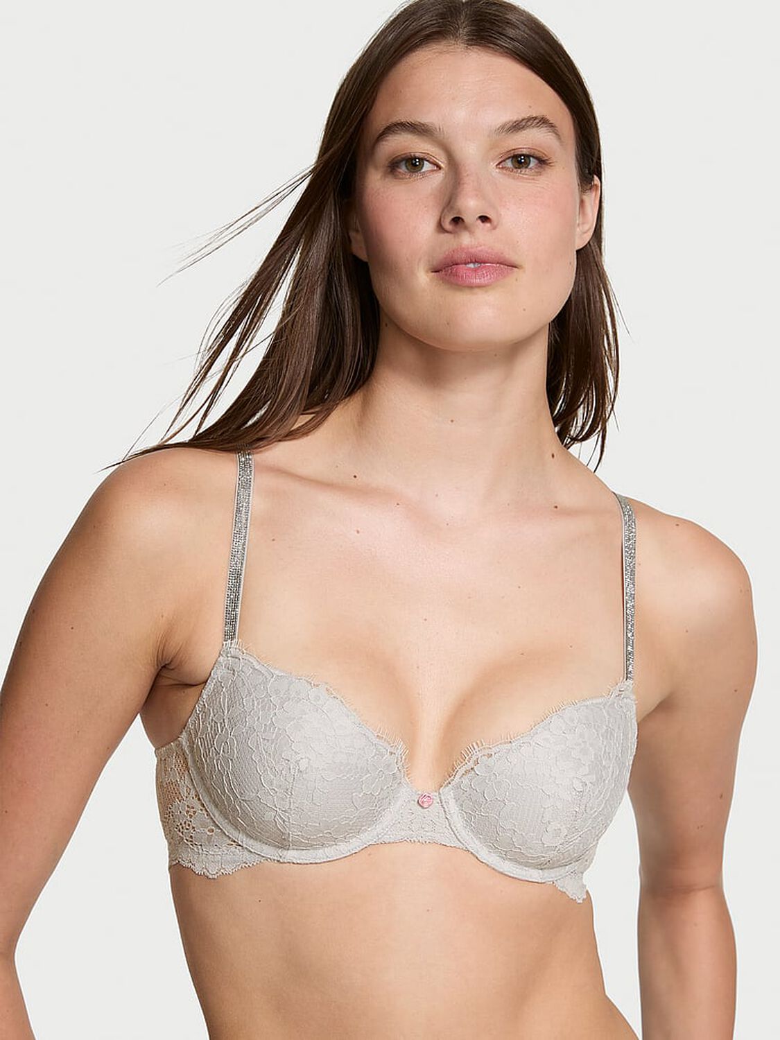 vs Dream Angels Twinkle Strap Lace Classic-Coverage Demi Bra Silver Pearl 1 of 4 