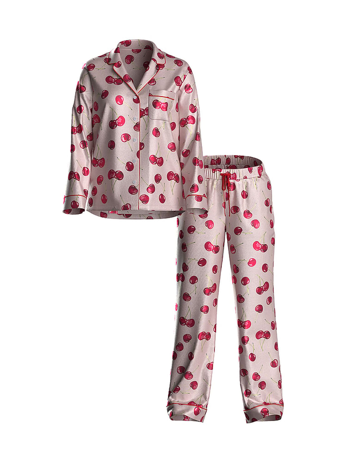 vs Victoria's Secret Glazed Satin Long Pajama Set Bright Vermillion Exploded Cherries 3 of 3 