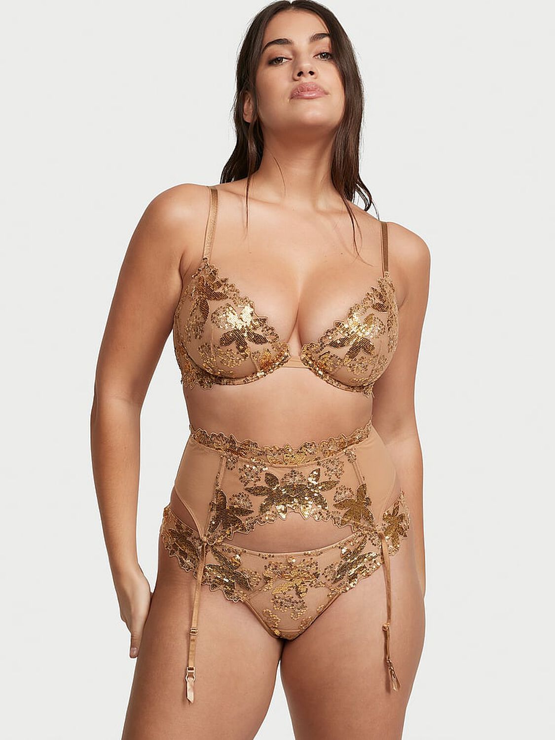 vs Very Sexy Gold Sequined Ziggy Glam Floral Embroidery Thong Panty 4 of 5 